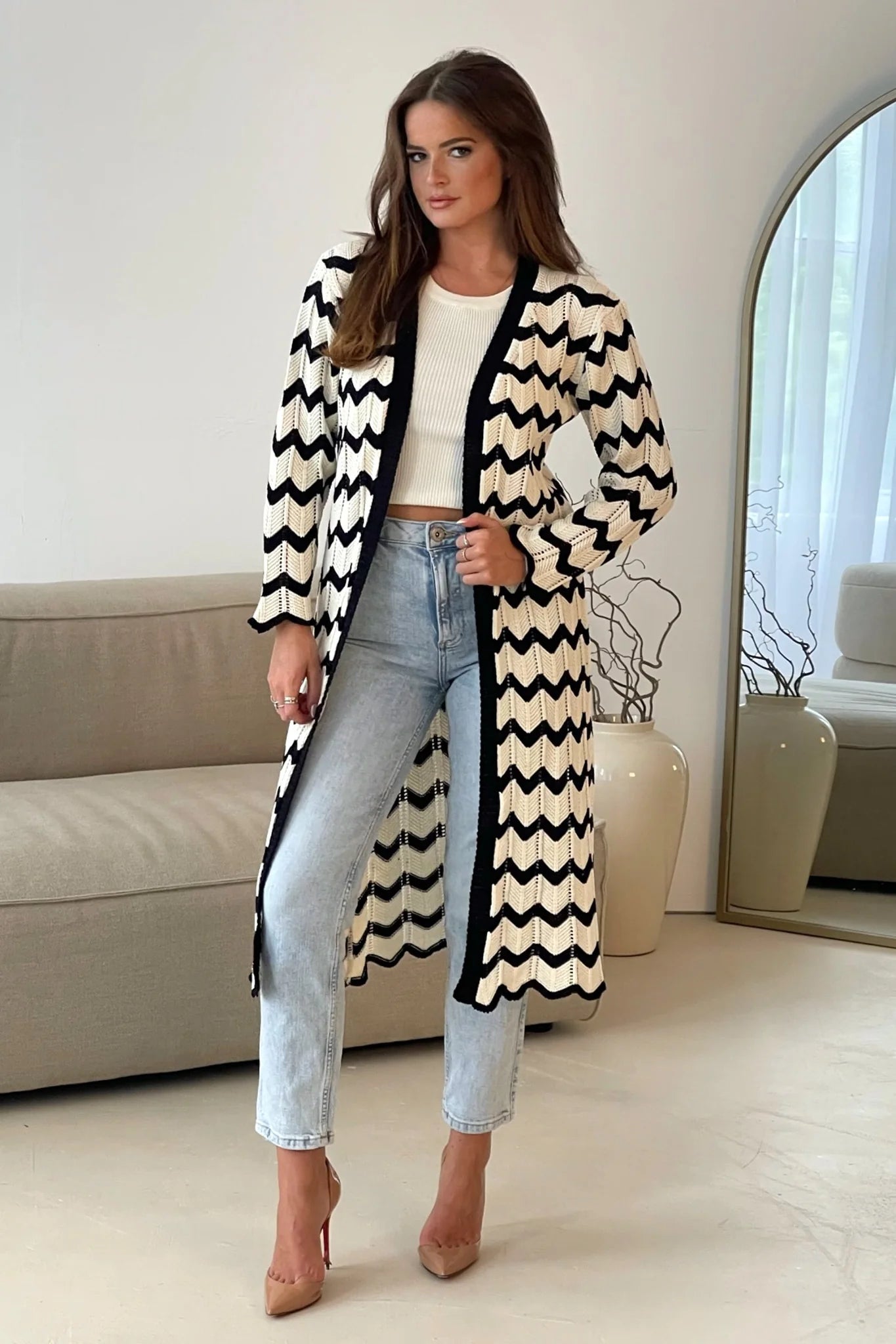 Crochet Monochrome Chevron Cardigan for Women - Black & Cream Handmade Knit Sweater | Boho Chic Lace-Up Cardigan for Fall, Winter, Date Night & Casual Outfits
