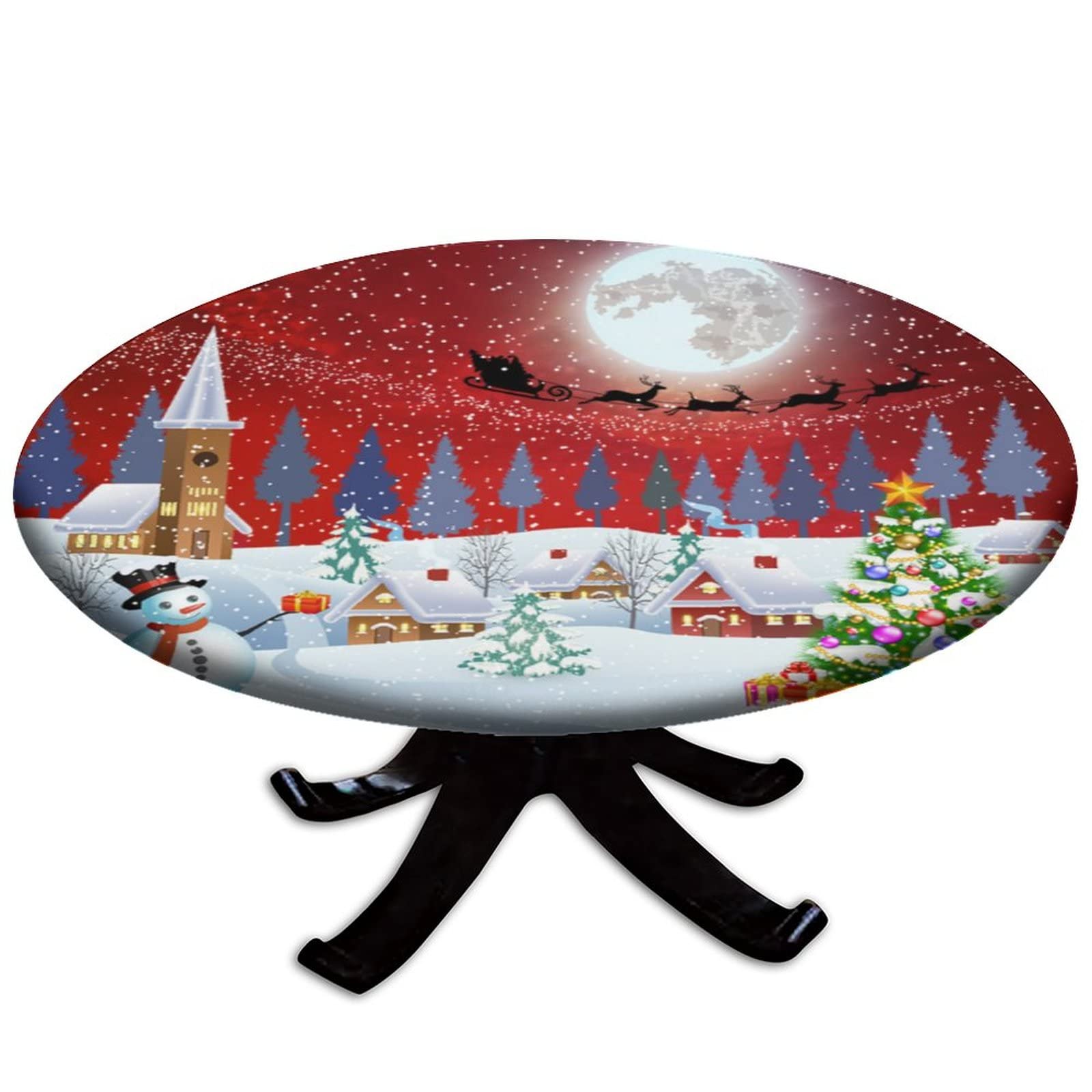 Christmas Snowflakes Fitted Round Tablecloth - Elastic Edge Holiday Table Cover for Indoor & Outdoor Use - Perfect for Kitchen, Patio, Party Dining Decor - Fits Tables 44