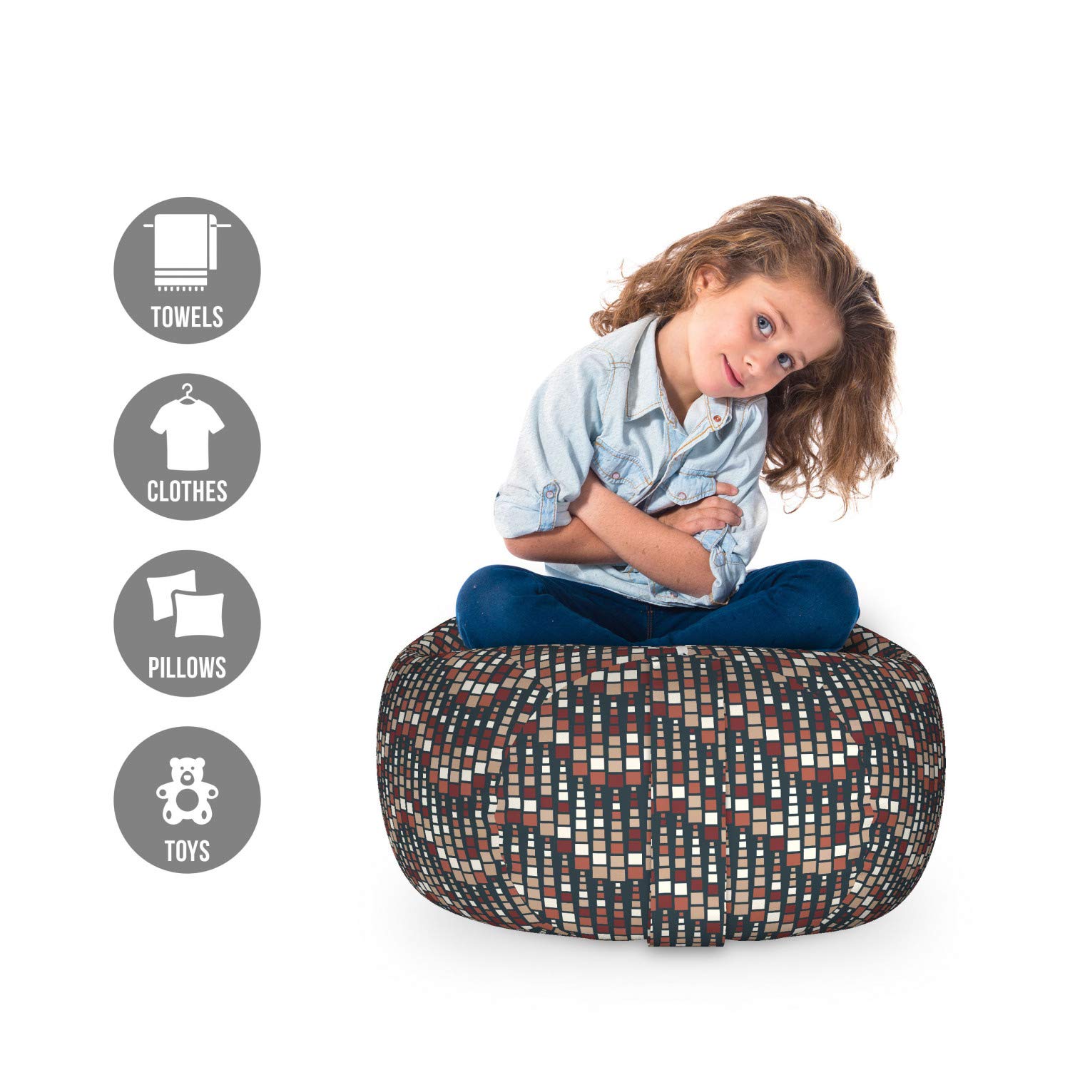 Ambesonne Abstract Storage Toy Bag Chair - Small Size, Dark Blue Rust Tan - Washable Stuffed Animal Organizer with Wavy Vertical Square Design | Perfect for Kids' Room, Nursery, Playroom & Home Organization
