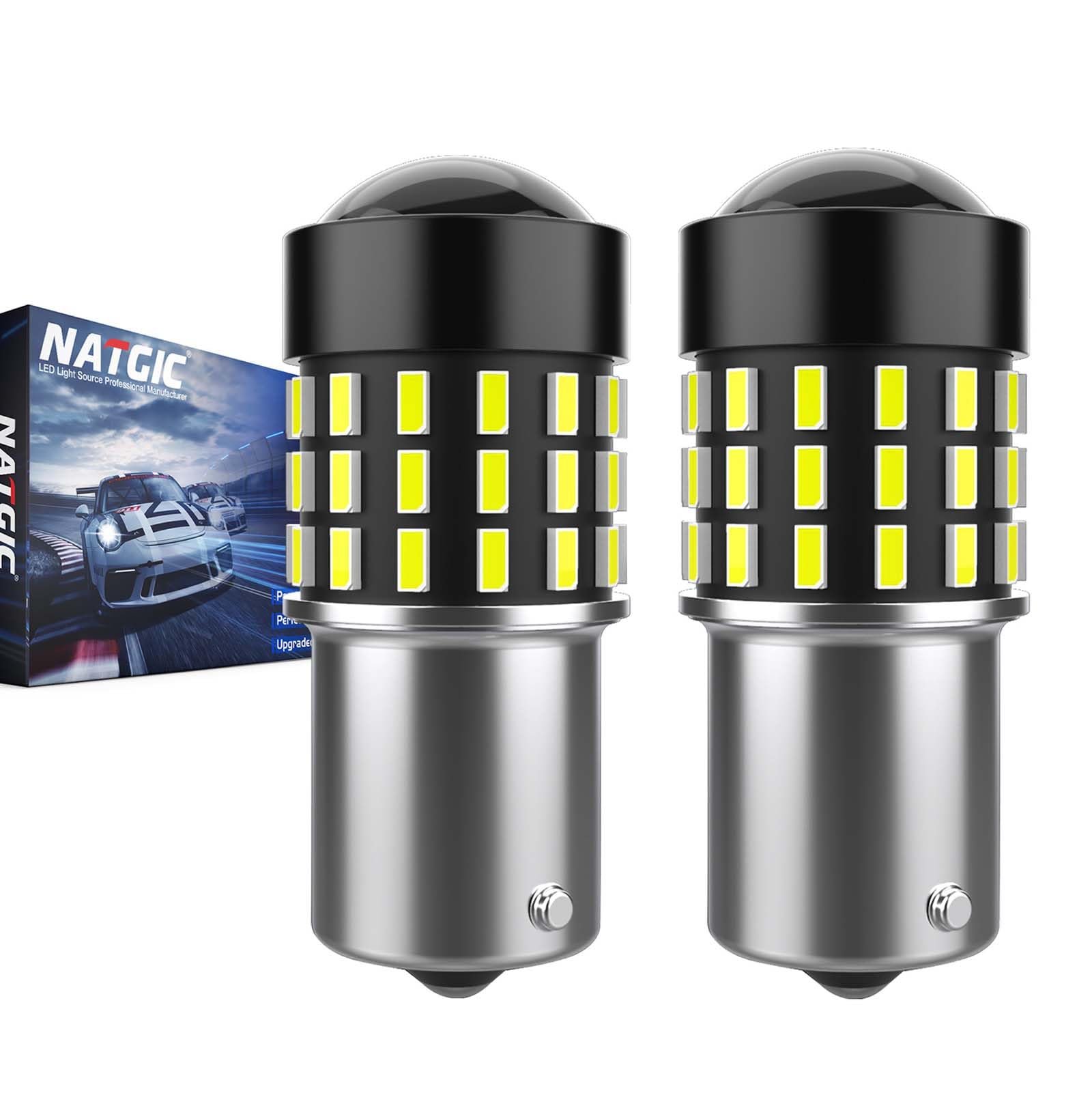 Ultra Bright 1156 BA15S 1095 7506 LED Bulbs - Xenon White 3014SMD 54-EX Chipsets with Lens Projector for Car Backup Lights, Tail Lights, Brake Lights, Reverse Lights - 12-24V DC (Pack of 2) | Perfect for Night Driving, Parking Safety & Enhanced Vehicle Visibility