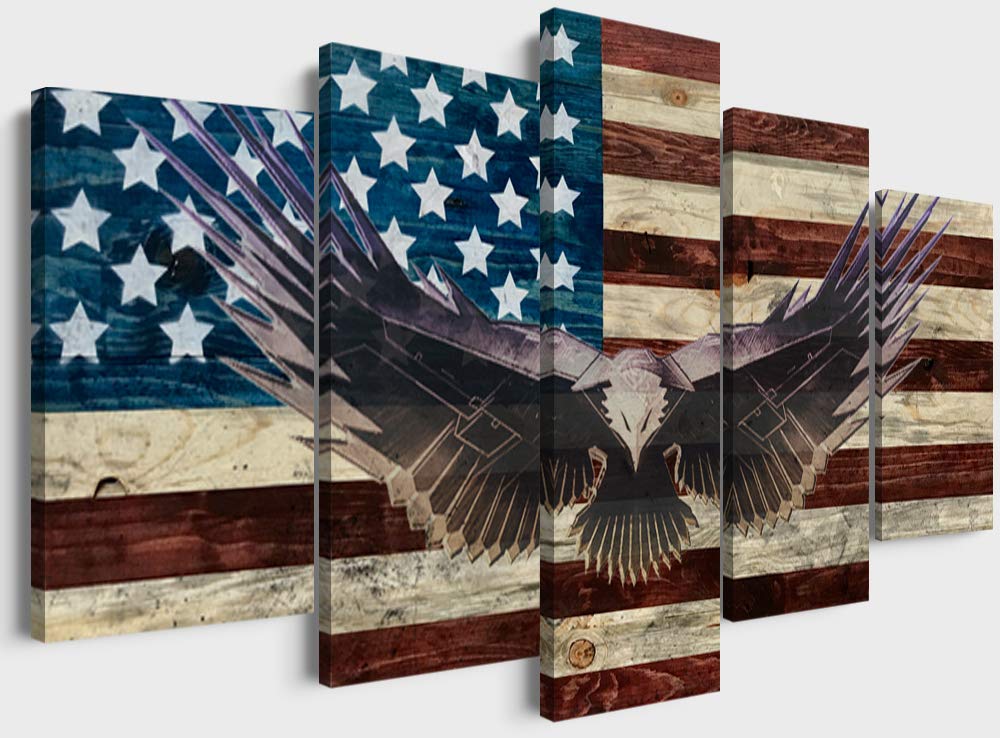 5 Piece American Flag Canvas Wall Art - Patriotic Wooden Flag Decor for Home & Office - Military Army Themed Bald Eagle Poster (70''W x 40''H) - Perfect for Living Room, Bedroom, or Office Wall Decor
