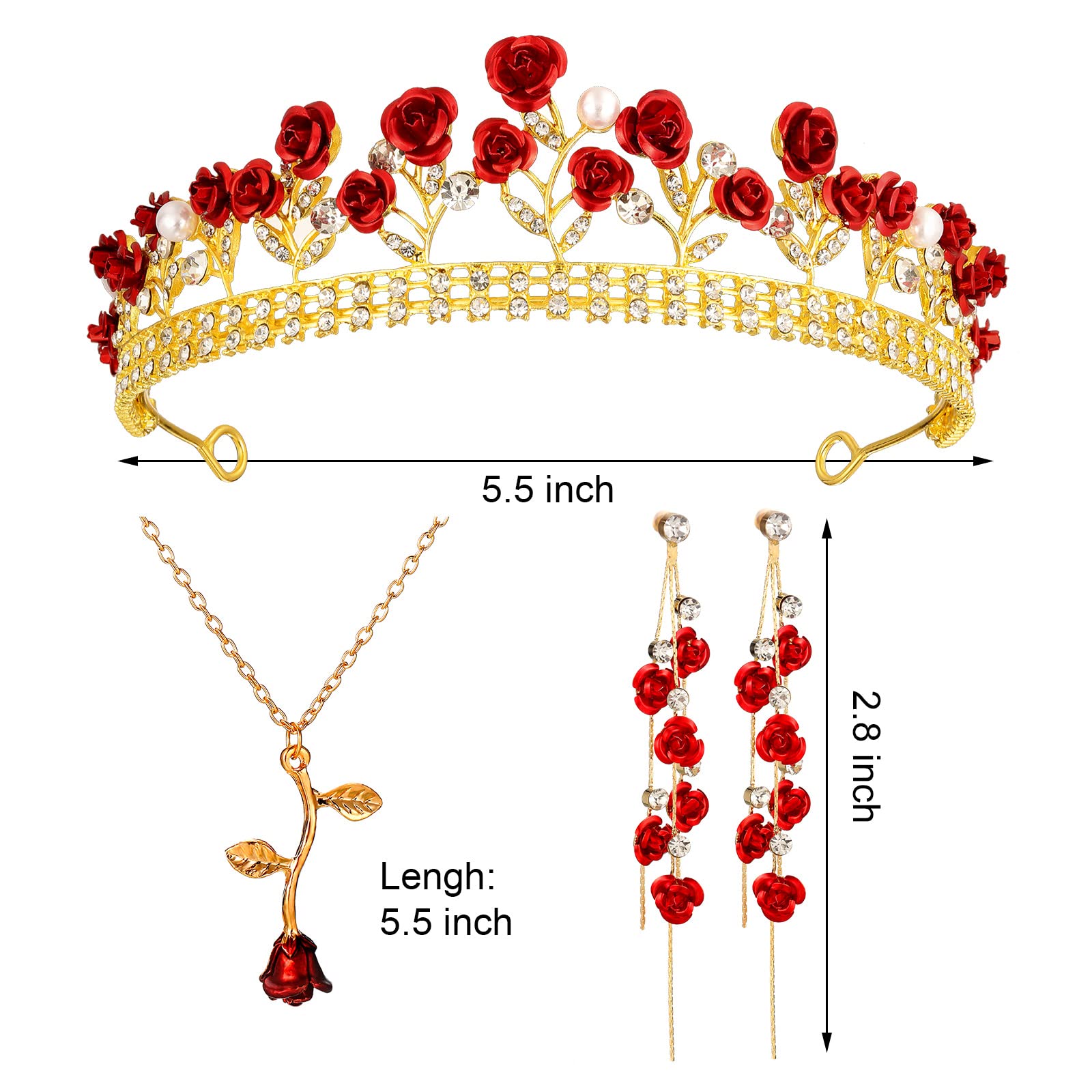 Sureio Bridal Wedding Queen Crown & Rose Jewelry Set - Red Rose Tiara, Long Necklace, Dangle Earrings for Women | Perfect for Wedding, Engagement, Halloween, Birthday Party & Special Occasions