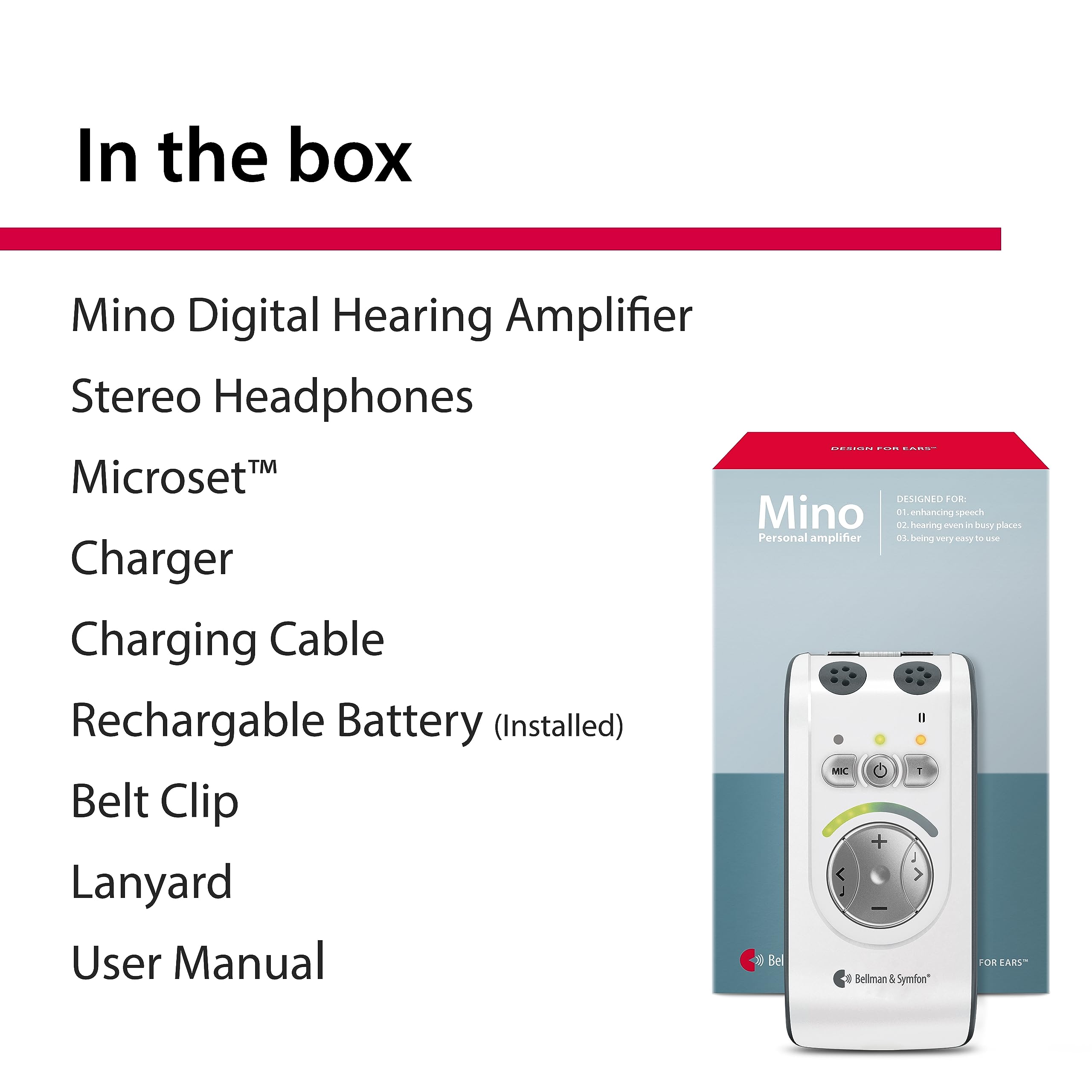 Bellman & Symfon Mino Digital Hearing Amplifier - Noise Reduction Rechargeable Hearing Aid with Headphones & Microset | Lightweight Design for Clear Conversations at Home, Outdoors & Social Events