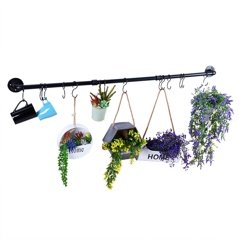 50.4 Inch Wall Mounted Pot Rack with 15 S Hooks - Industrial Kitchen Pot and Pan Hanging Rail Organizer, Black - Perfect for Small Kitchens, RV Cooking & Space-Saving Storage