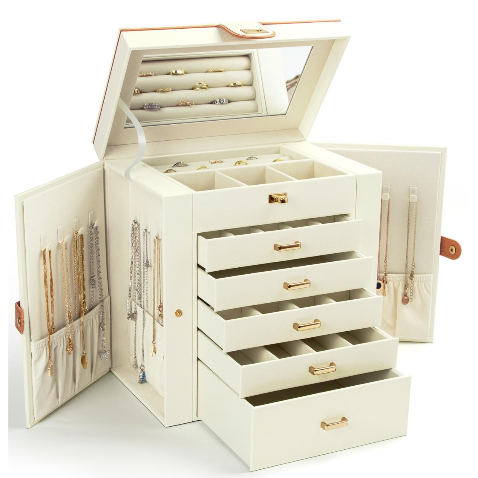 KAMIER 6-Layer Large Jewelry Box Organizer with Mirror & 5 Drawers - White Jewelry Storage for Women | Perfect for Rings, Earrings, Necklaces & Bracelets | Ideal for Bedroom Vanity, Travel & Gift Giving