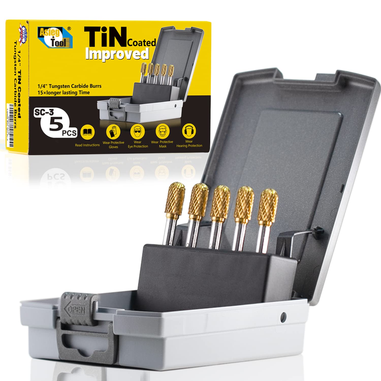 5-Piece Tungsten Carbide Rotary Burr Set - TiN Coated Cylindrical Ball Nose End Files for Die Grinder (1/4