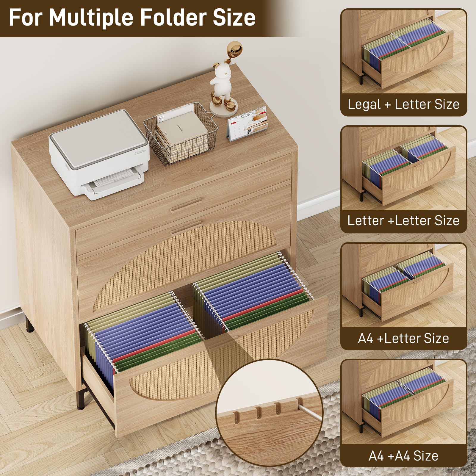 3-Drawer Eco Rattan File Cabinet for Home Office - Letter/Legal/A4 Storage & Printer Stand