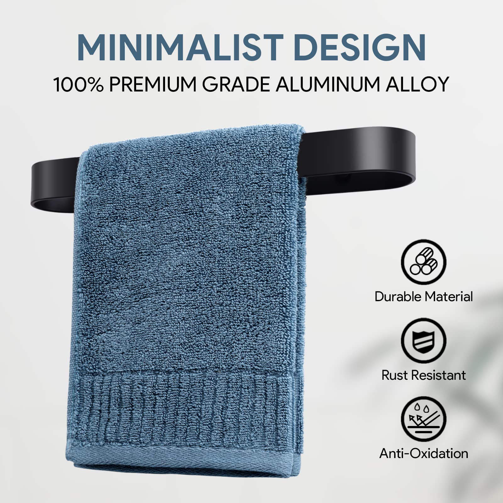 12 Inch Hand Towel Holder - Self Adhesive & Screw Mounted Aluminum Towel Bar for Bathroom & Kitchen - Matte Black Towel Hanger for Easy Access & Space Saving Organization