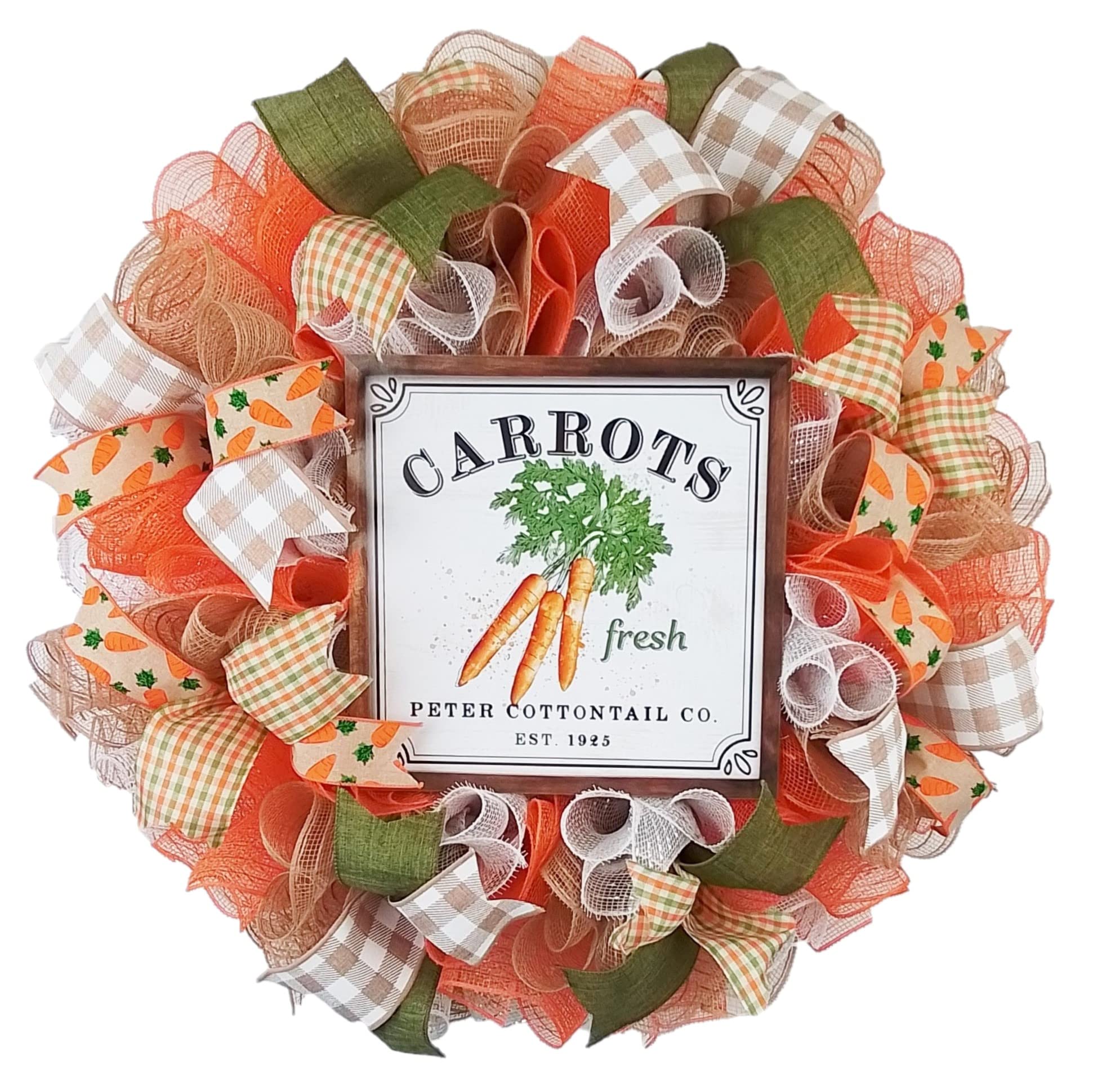 Farmhouse Easter Carrot Wreath - Spring Summer Welcome Door Decor - Orange & Lime Green Burlap Wreath for Front Door, Porch, Easter Party & Home Decoration