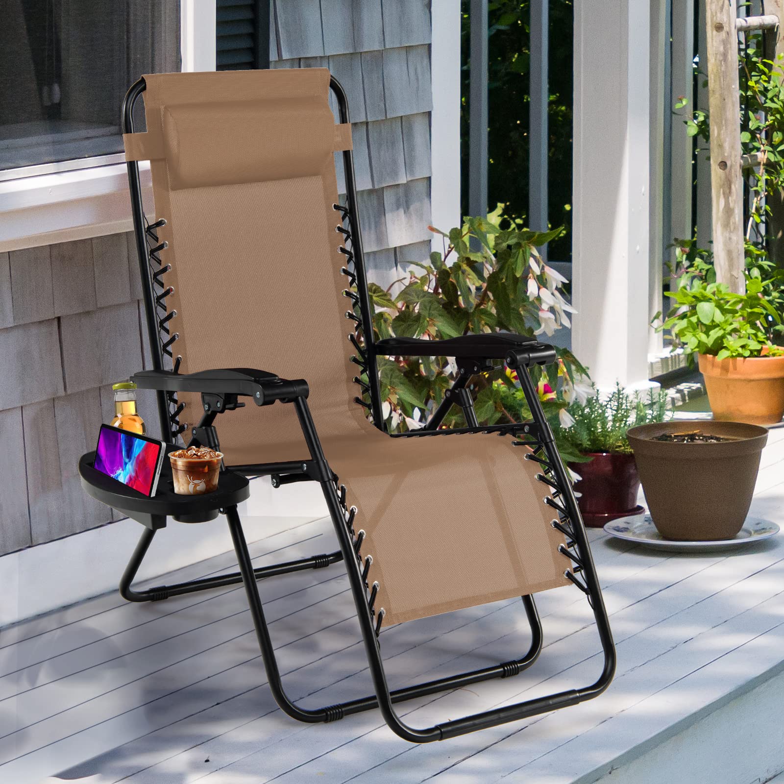 Goplus Zero Gravity Lounge Chairs - 160° Adjustable Folding Recliner with Pillow & Cup Holder, 350LBS Capacity - Comfortable Outdoor Patio Chairs for Backyard, Poolside, Beach & Camping (1-Pack, Beige) - Perfect for Relaxing, Sunbathing & Outdoor Leisure