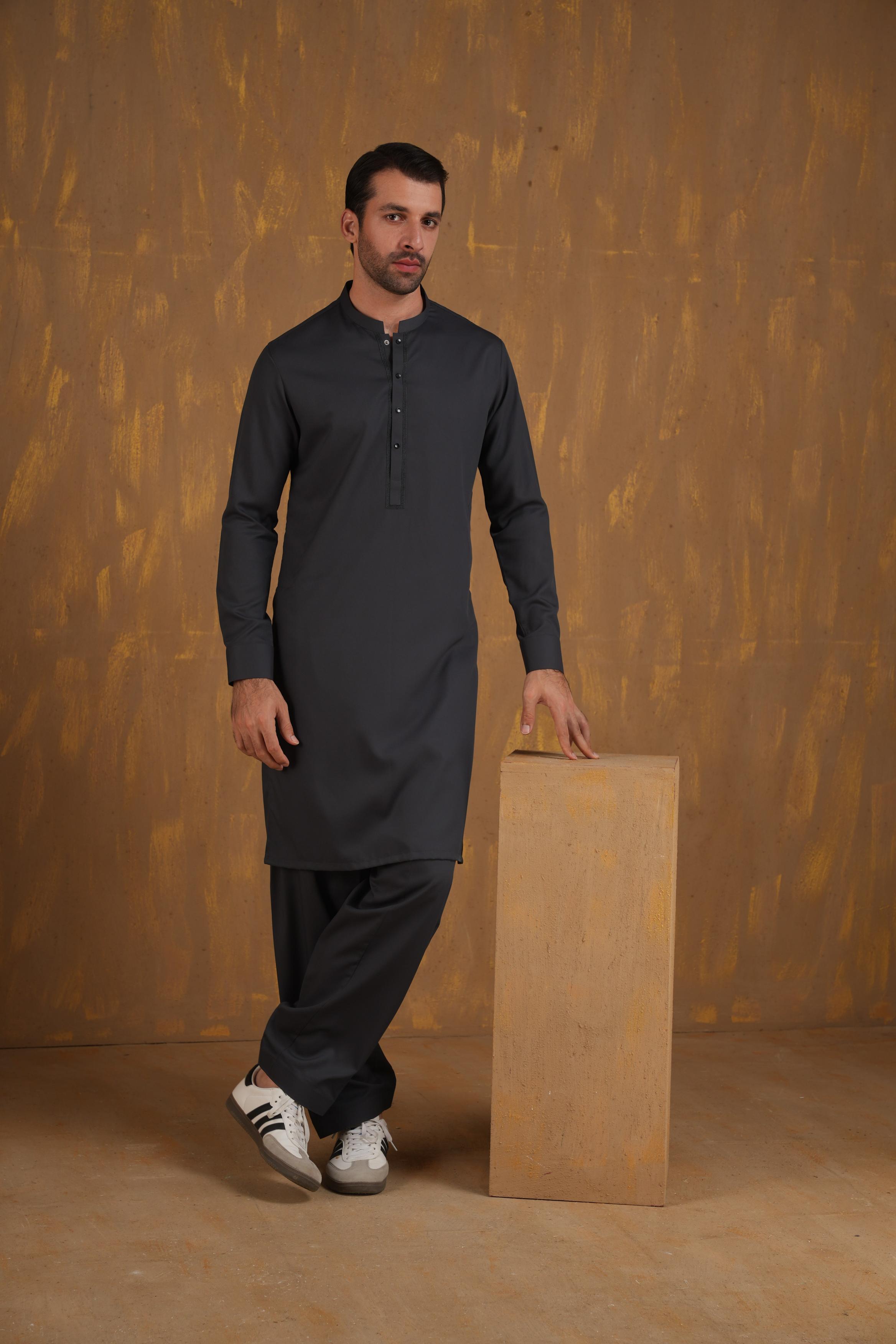 Elegant Blended Grey Shalwar Kameez by J. Junaid Jamshed - Traditional Pakistani Outfit for Men, Perfect for Weddings, Eid & Special Occasions