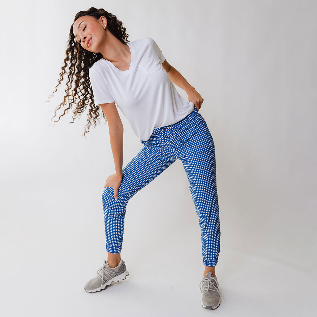 Blue Gingham Jetsetters - Stylish and Comfortable Travel Outfit for Women | Perfect for Vacations, Road Trips, and Summer Adventures