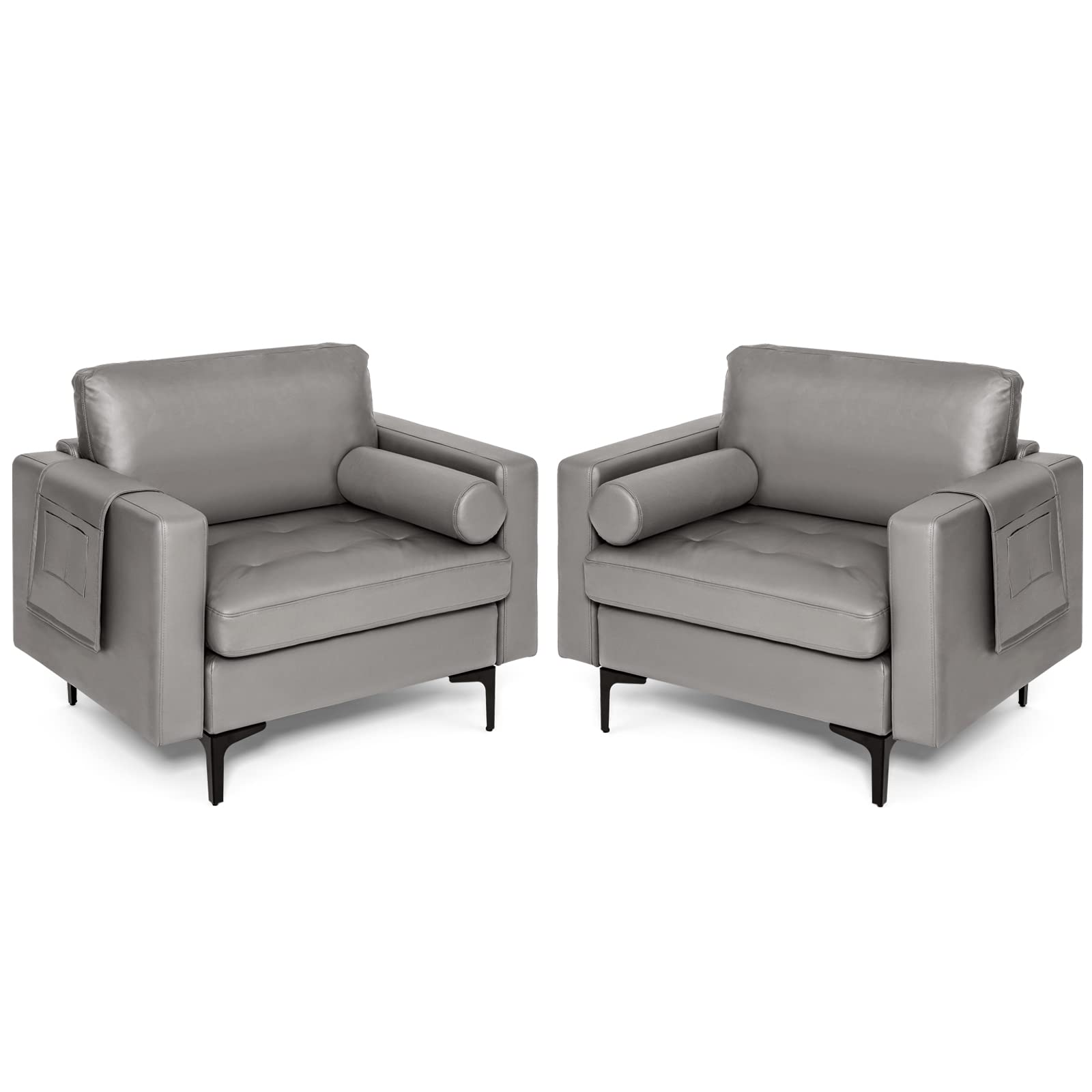Giantex Set of 2 Single Sofa Chairs with Cushion & Bolster, Upholstered Armchairs with Magazine Pockets - Dark Grey Living Room Furniture for Bedroom, Reception & Leisure Spaces