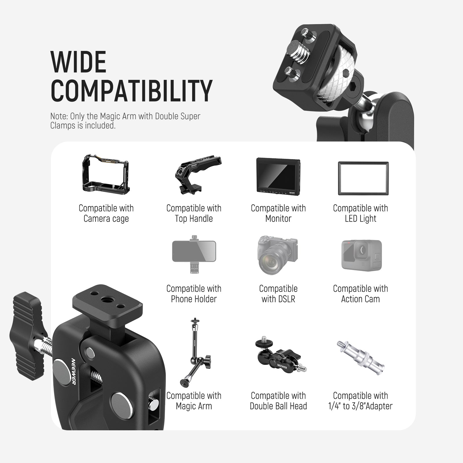 NEEWER UA060 Double Super Clamp Camera Mount with Magic Arm & NATO Rail - Heavy Duty DSLR Rig for Studio, Vlogging, and Filmmaking Accessories