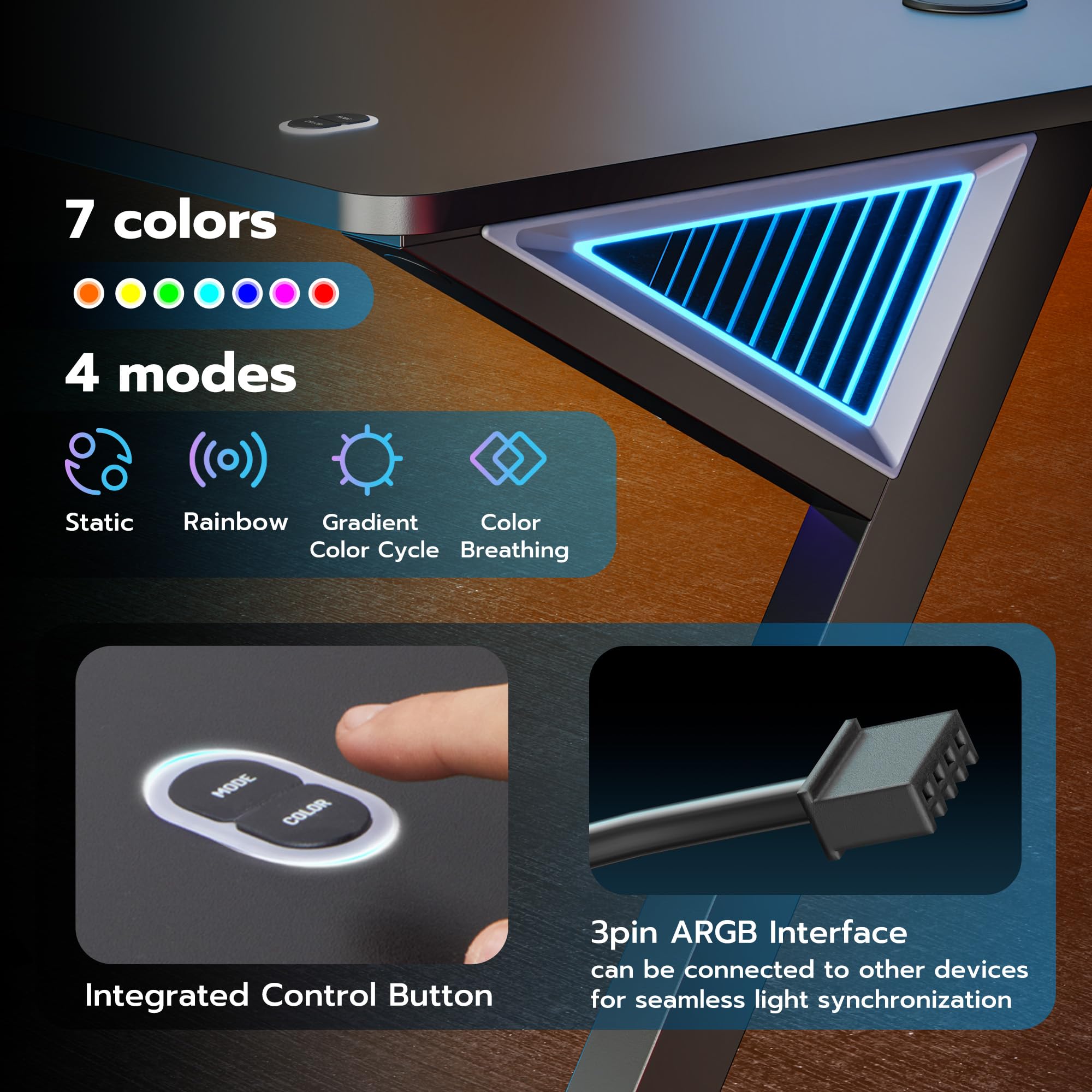 47 Inch ARES WING Gaming Desk with LED Lights & Cable Management - Ergonomic Carbon Fiber Computer Desk for Home Office & Gaming Room - Perfect for PC Setup, Streaming & Esports