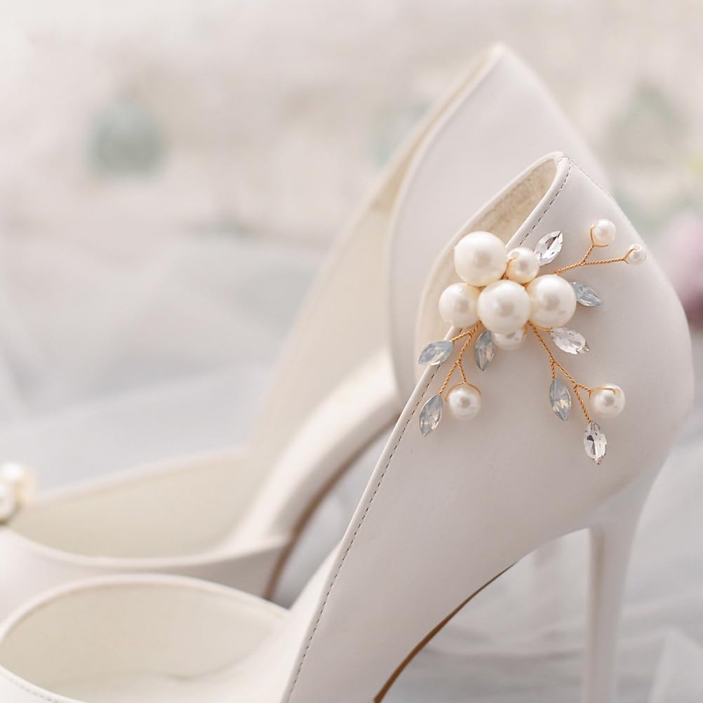 Holibanna 1 Pair Pearl Shoe Clips - Rhinestone Crystal Bridal Shoe Buckles, Decorative Flower Shoe Charms for DIY Floral Shoe Decoration - Perfect for Wedding, Party, Prom & Evening Shoes Accessories