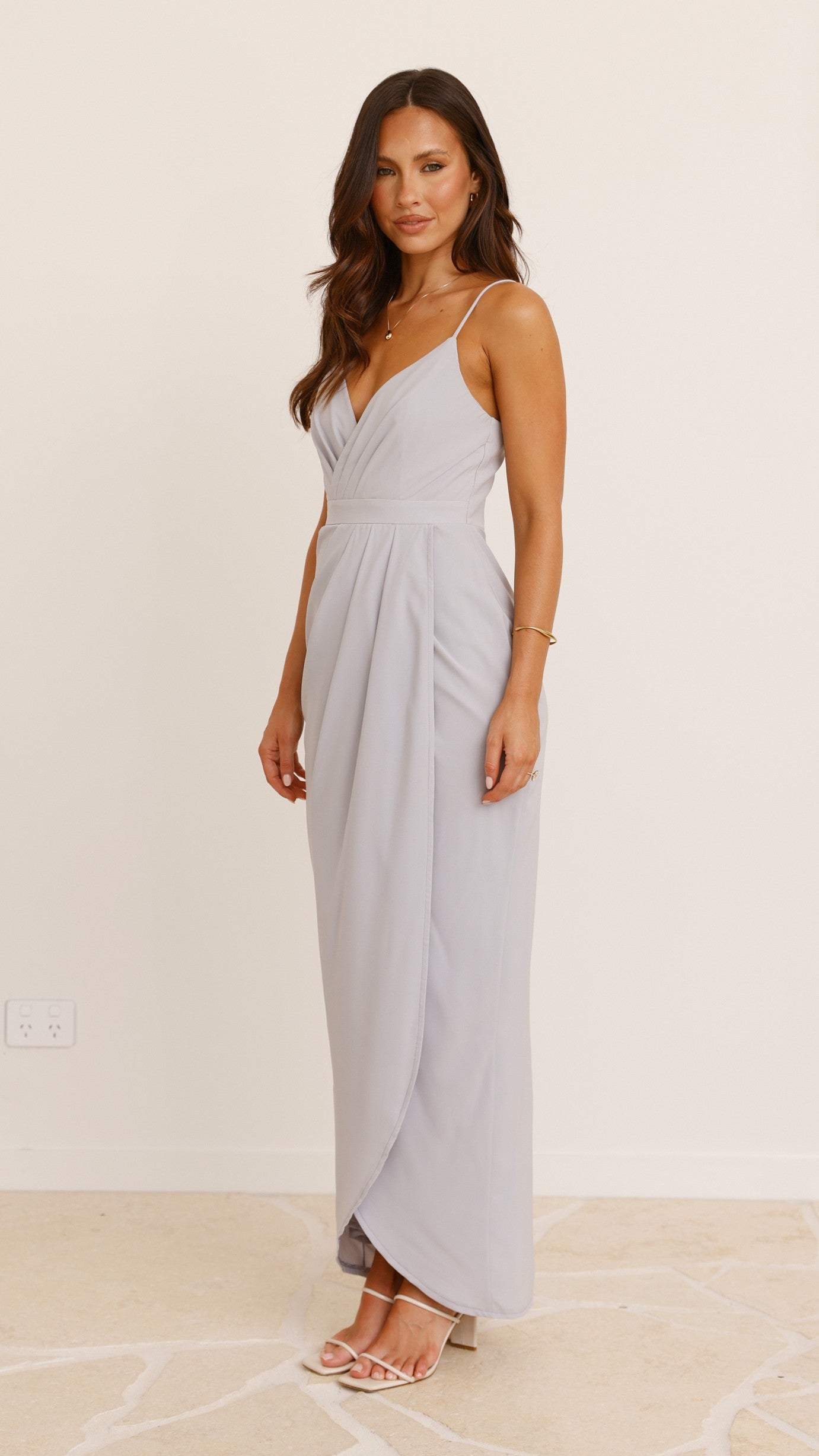 Charlotte Draped Maxi Dress - Light Grey Flowy Long Evening Gown for Women | Perfect for Weddings, Parties & Special Occasions