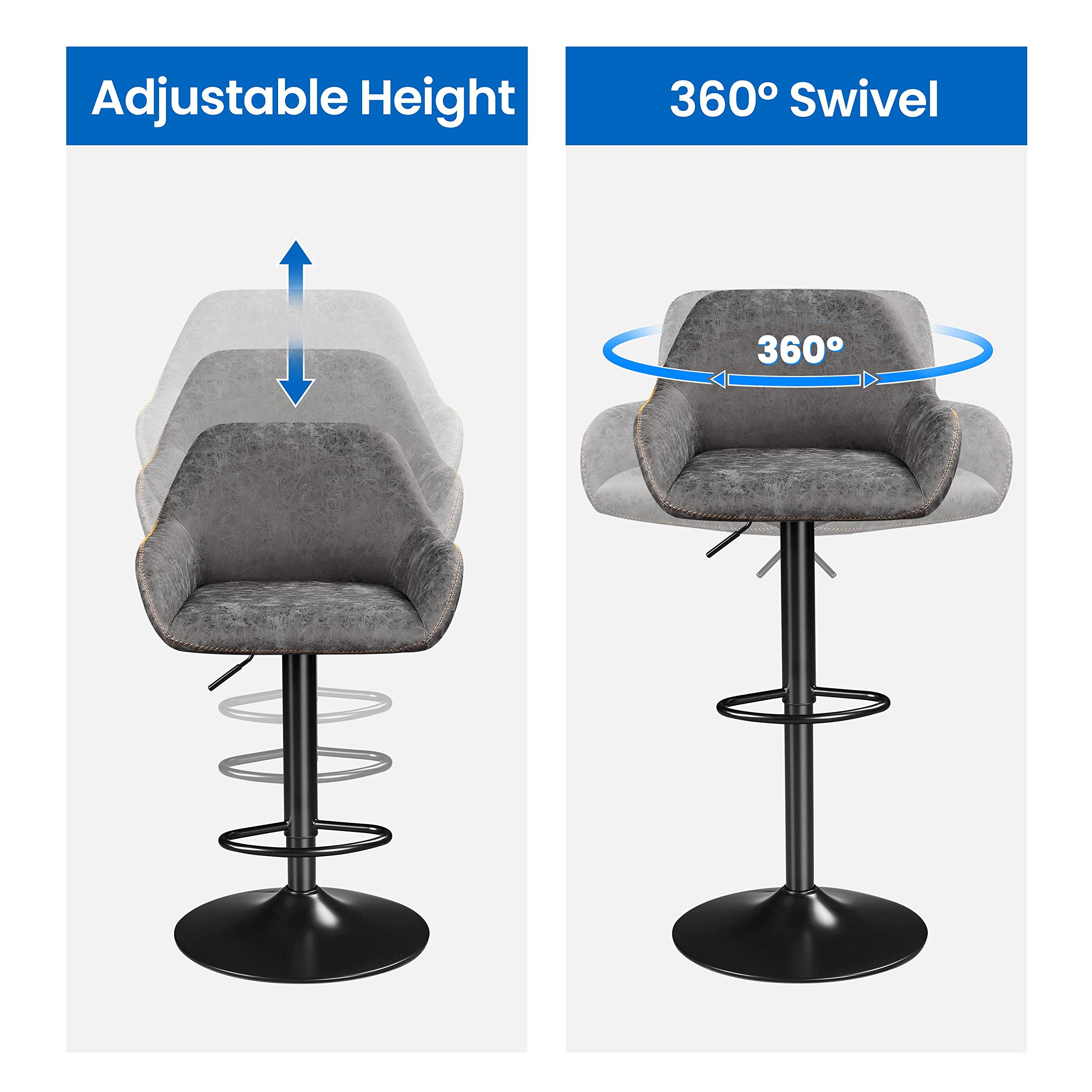 Yaheetech 4-Pack Adjustable PU Leather Swivel Bar Stools with Backrest & Footrest - Counter Height Kitchen Island Stools for Home, Dining Room, or Bar - Grey (Modern Comfort Seating for Entertaining & Relaxation)