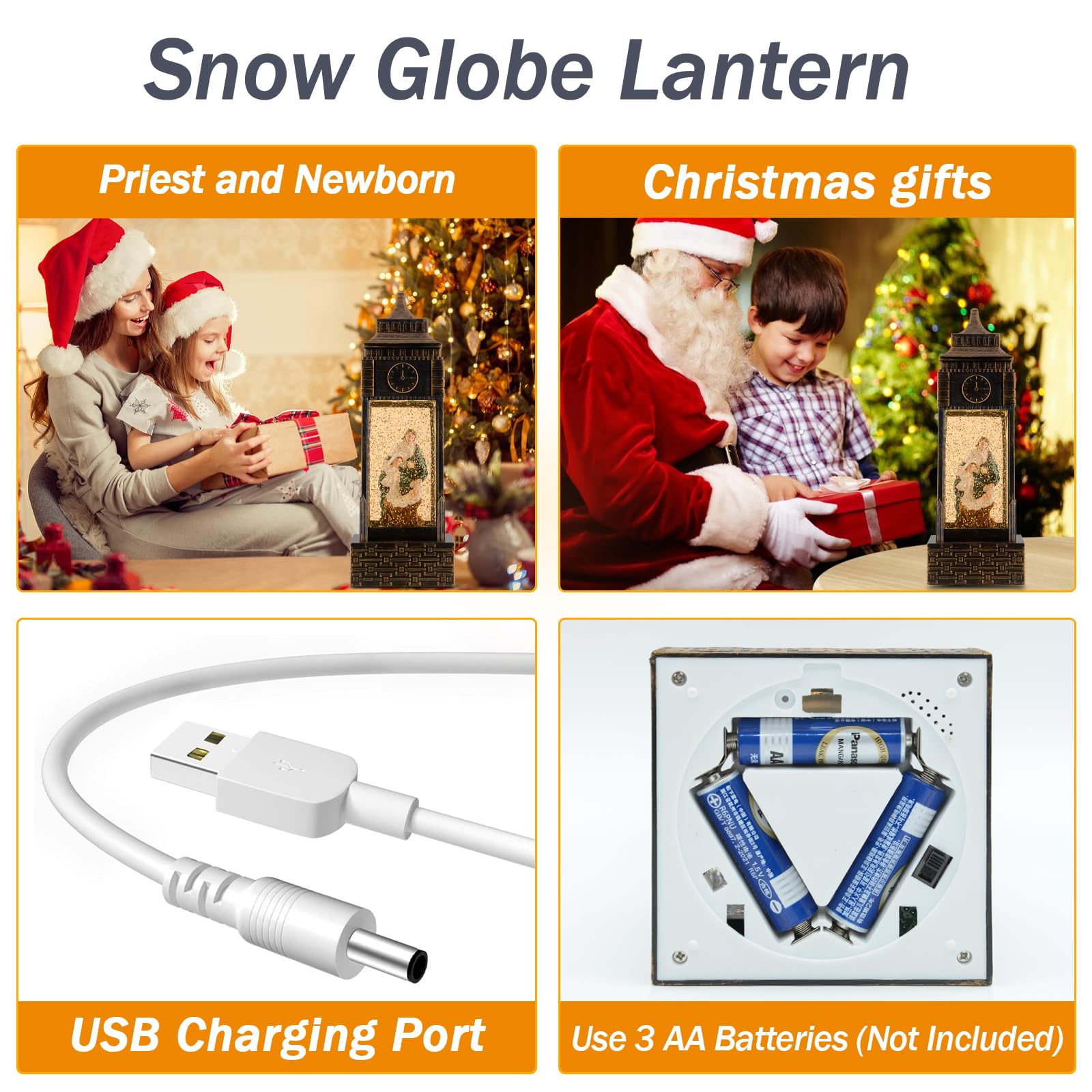 Jesus Snow Globe Lantern - Musical Nativity Christmas Decor with Glitter Lights, Timer & USB/Battery Power - Perfect for Home Holiday Displays, Gift Giving & Church Decorations