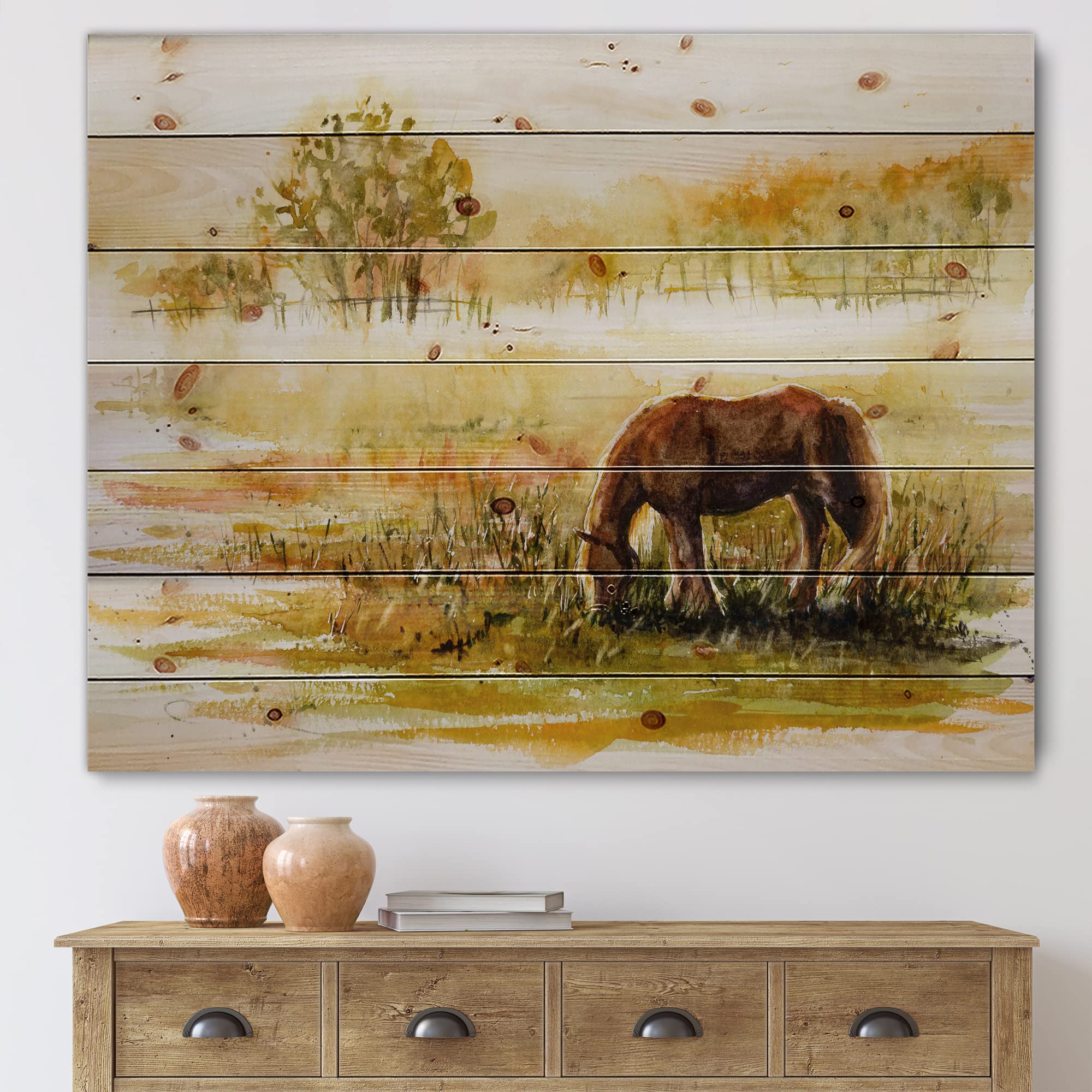Farmhouse Wood Wall Decor - Horse Grazing On Meadow Art Print, Yellow Animal Wall Art Panel, Large Pine Wood Wall Hanging for Living Room, Bedroom & Office Decor