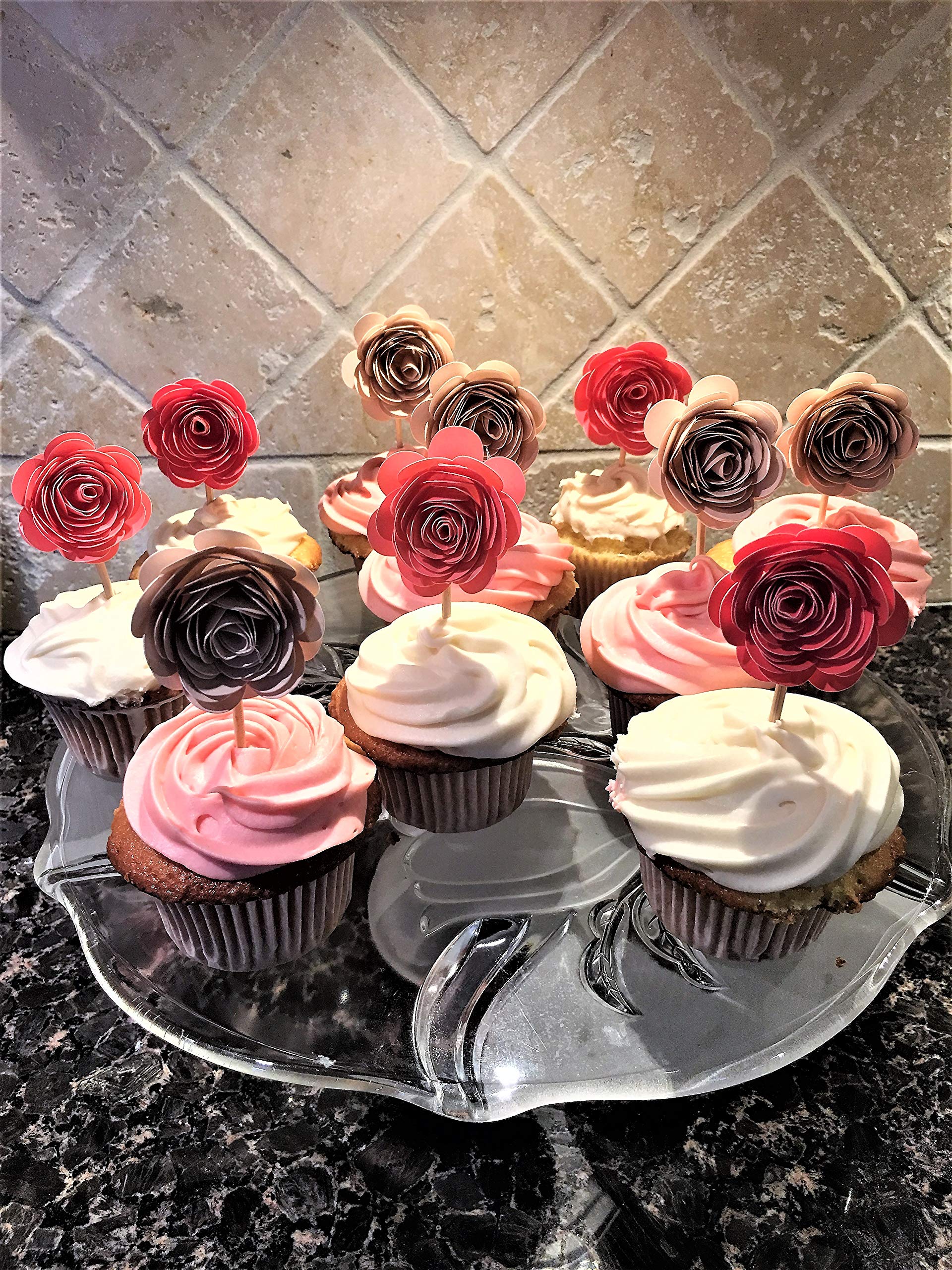Pink Paper Flower Cupcake Toppers for Weddings, Bridal Showers & Parties - Elegant DIY Cupcake Decorations for Engagement, Bachelorette, Communion & Birthday Celebrations - Perfect for Romantic Events & Special Occasions