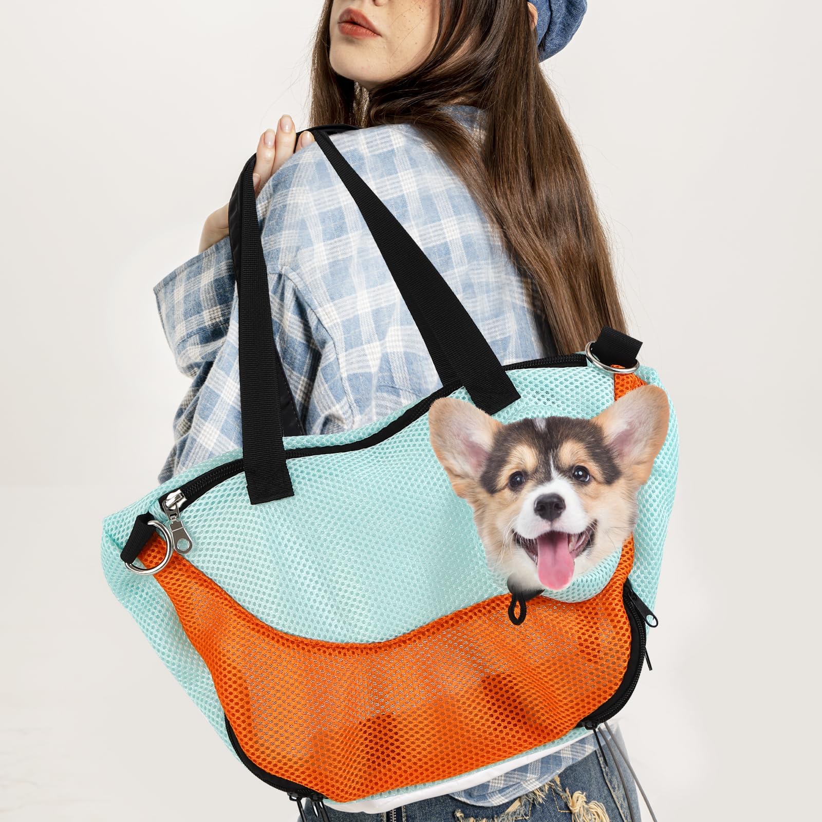 Adjustable Hands-Free Dog Sling Carrier for Small Dogs & Cats - Reversible Puppy Carrier Purse with Storage Pocket - Travel Safety Harness for Outdoor Walks, Shopping & Vet Visits