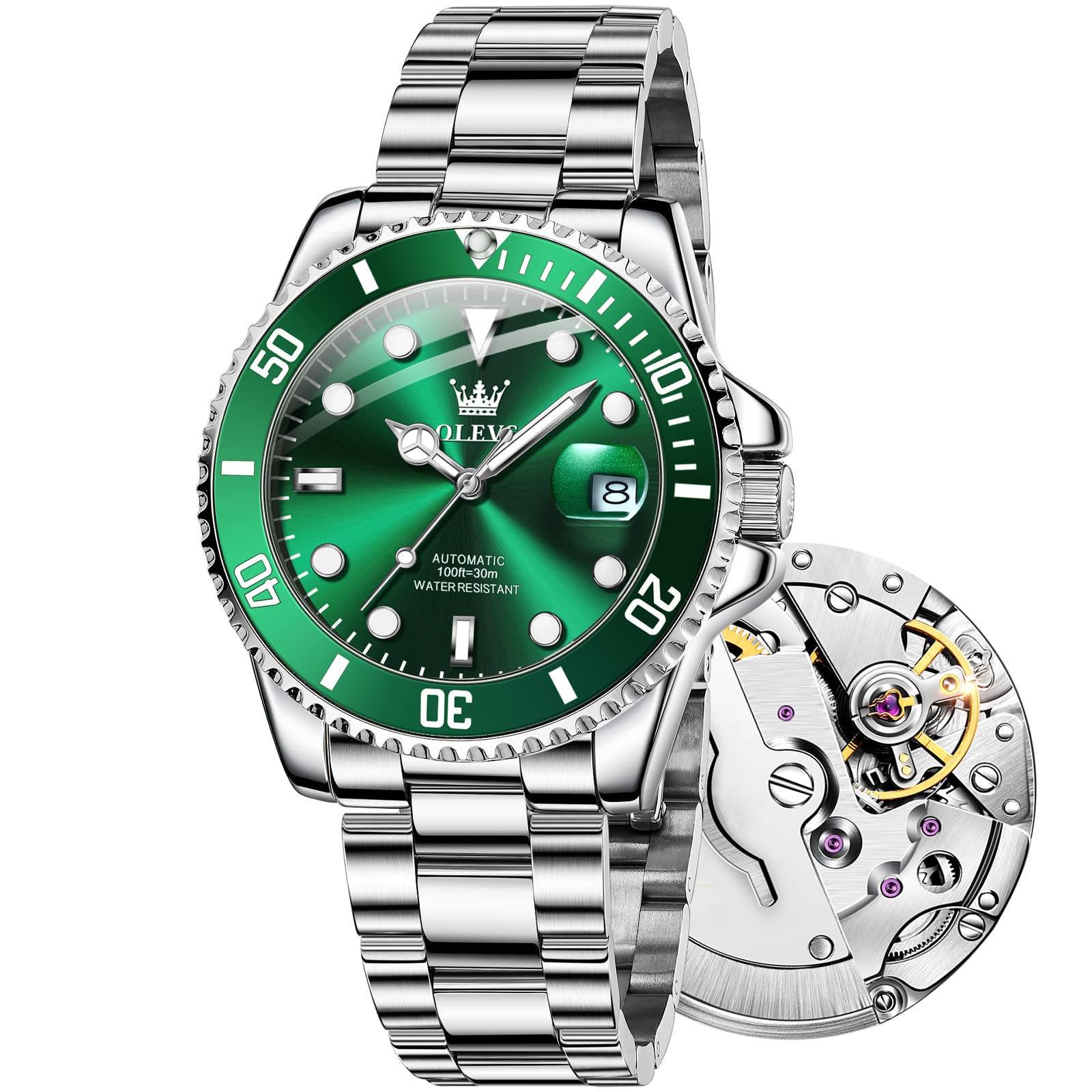 **Men's Automatic Watches with Unidirectional Rotating Bezel - Two Tone/Silver Stainless Steel Band, Big Face Day Date Display, No Battery Needed, Waterproof Luminous Sport Wristwatch (Black/Blue/Green Dial) - Perfect for Diving, Outdoor Adventures & Casual Wear**
