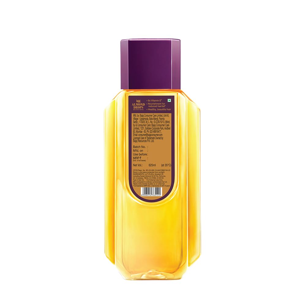 Bajaj Almond Drops Hair Oil 625ml - 6X Vitamin E Enriched with Almond Oil | Lightweight Non-Sticky Formula for Hair Fall Control | Promotes Hair Growth & Nourishment | Perfect for Daily Hair Care & Scalp Massage