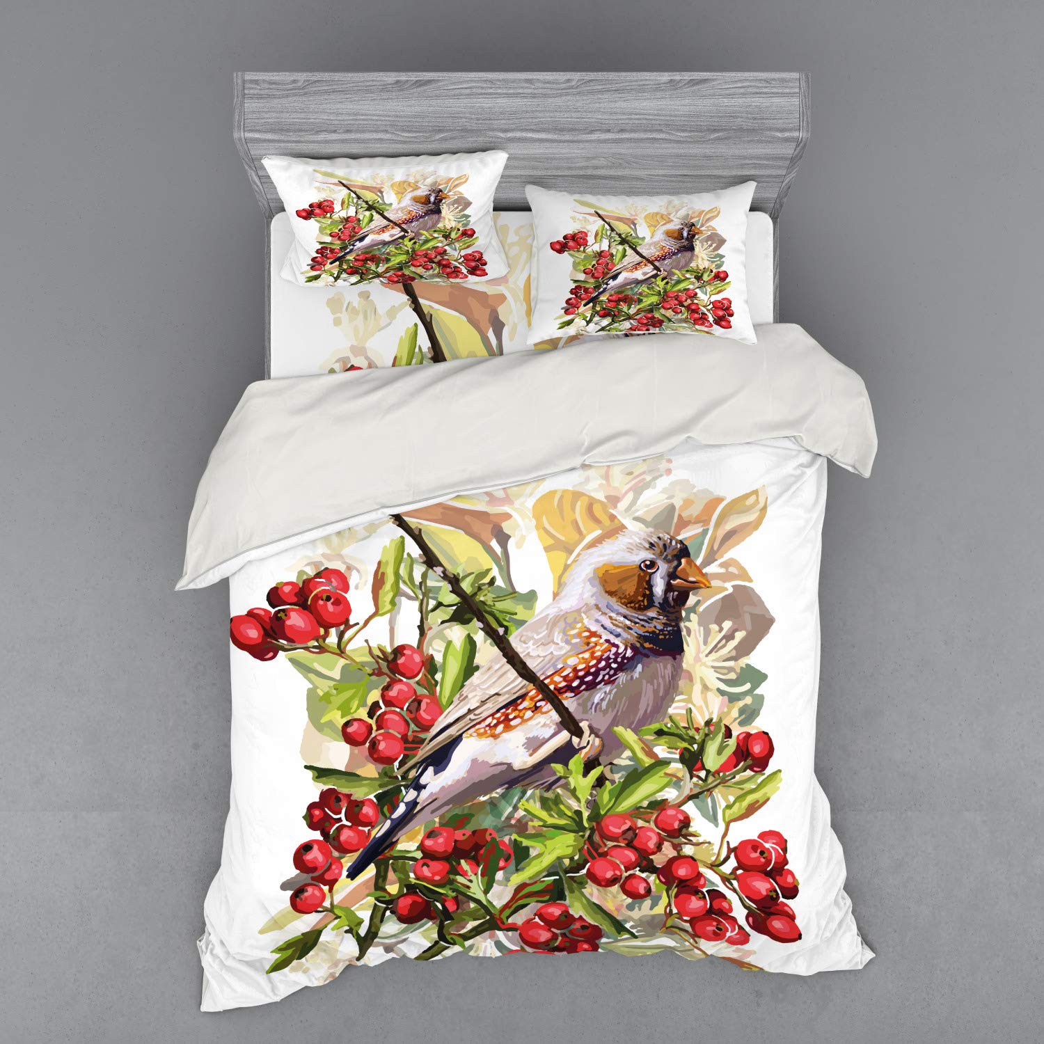 Ambesonne Rowan Duvet Cover Set - Colorful Bird Flower & Rowan Shrubs Botanical Print 4-Piece Bedding Set with Shams & Fitted Sheet, Queen Size, Multicolor - Perfect for Bohemian & Nature-Inspired Bedroom Decor