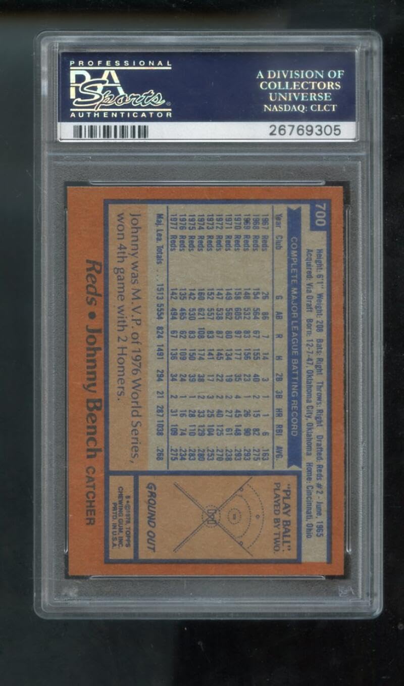 1978 Topps #700 Johnny Bench PSA 8 Graded Baseball Card - MLB Cincinnati Reds Legend - Perfect for Collectors, Sports Memorabilia & Baseball Fans - Display in Home, Office or Man Cave