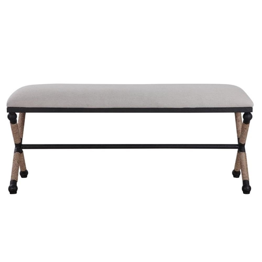BOWERY HILL Modern Upholstered Iron Bench in Oatmeal - Stylish Entryway, Living Room, or Bedroom Seating Furniture for Home Decor
