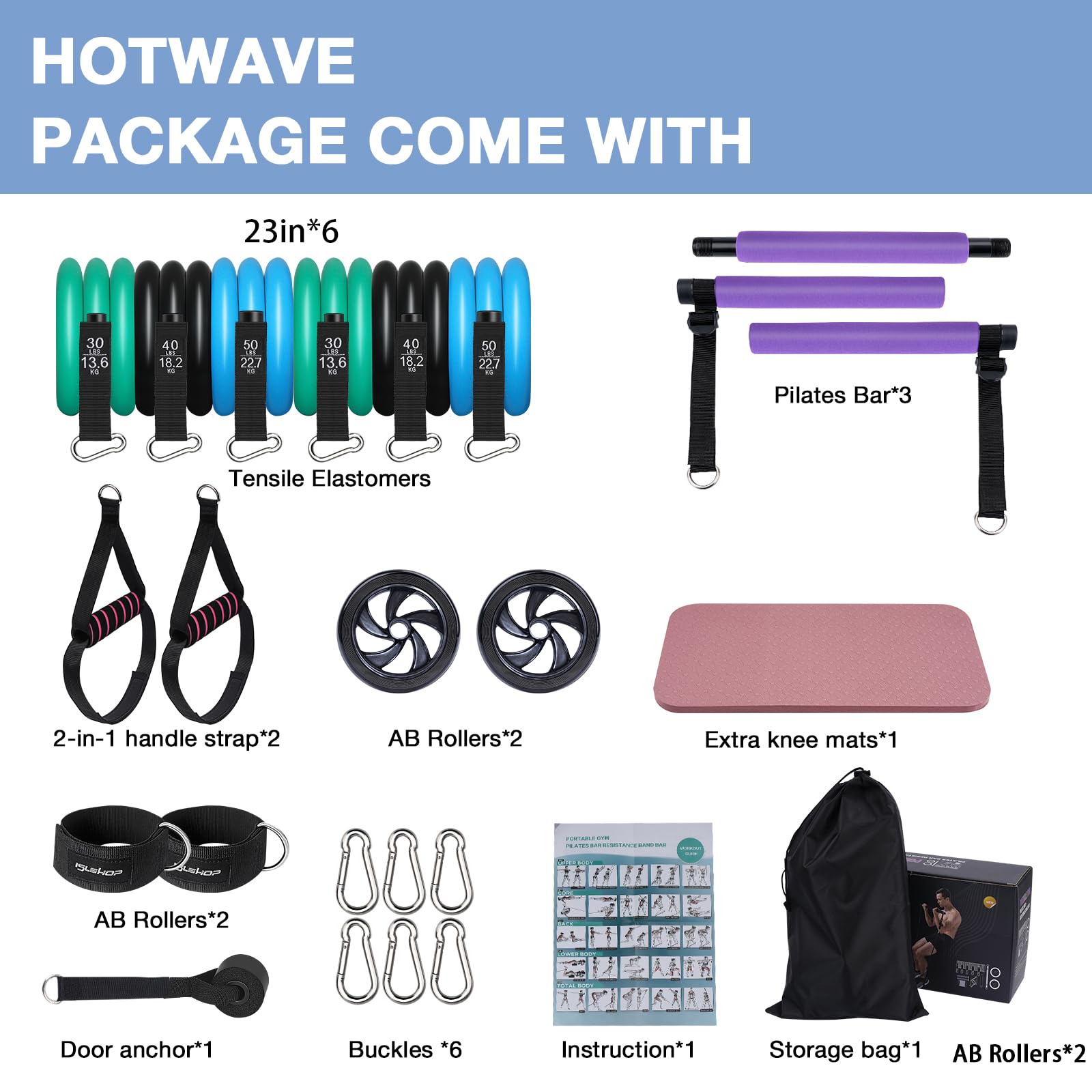Pilates Bar Kit with 6 Resistance Bands - Yoga Exercise Bar with AB Roller - Portable Home Gym Equipment for Women & Men - Leg, Hip, Waist & Arm Workout - Perfect for Home Fitness, Yoga & Pilates Training