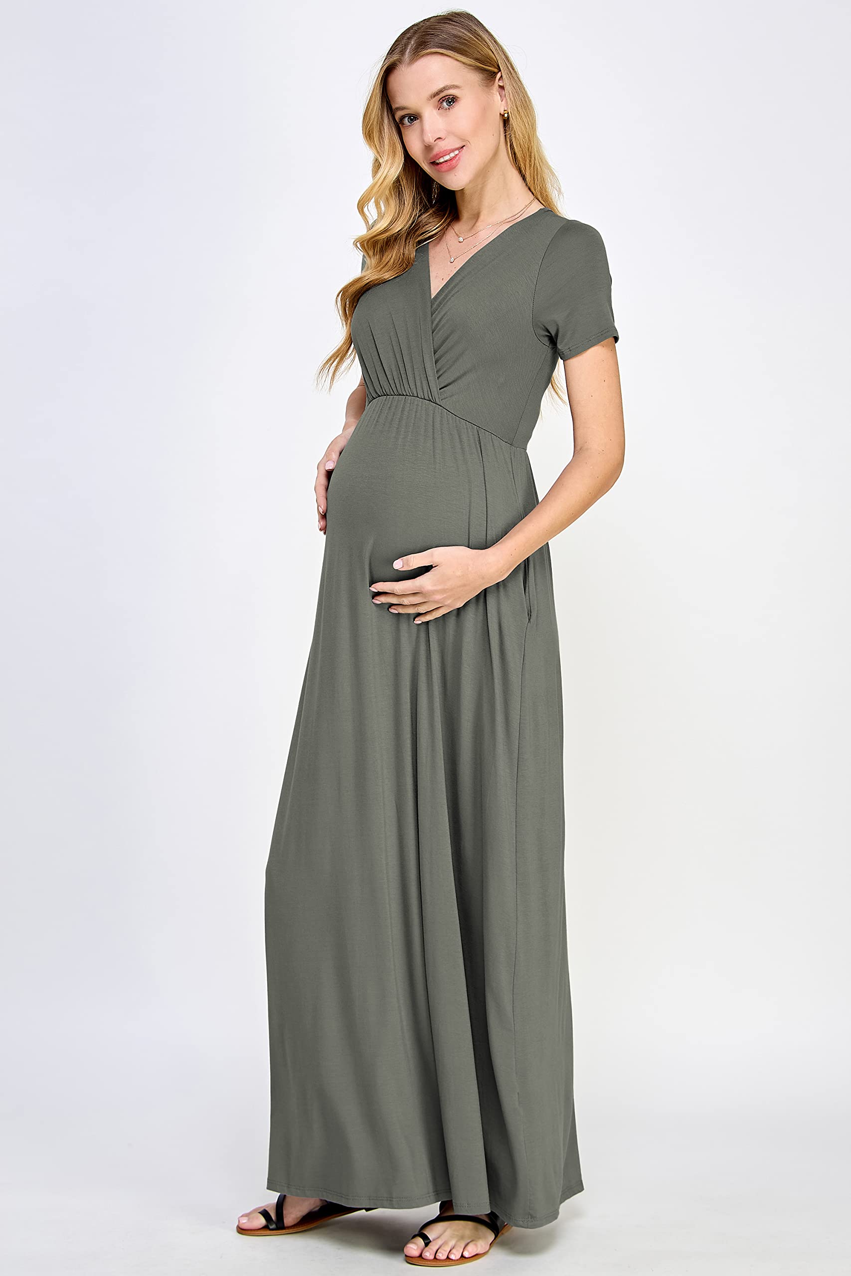 LaClef Women's Maternity Maxi Dress with Side Pockets - Flowy Pregnancy Dress for Baby Shower, Maternity Photoshoot, Beach Vacation & Everyday Comfort