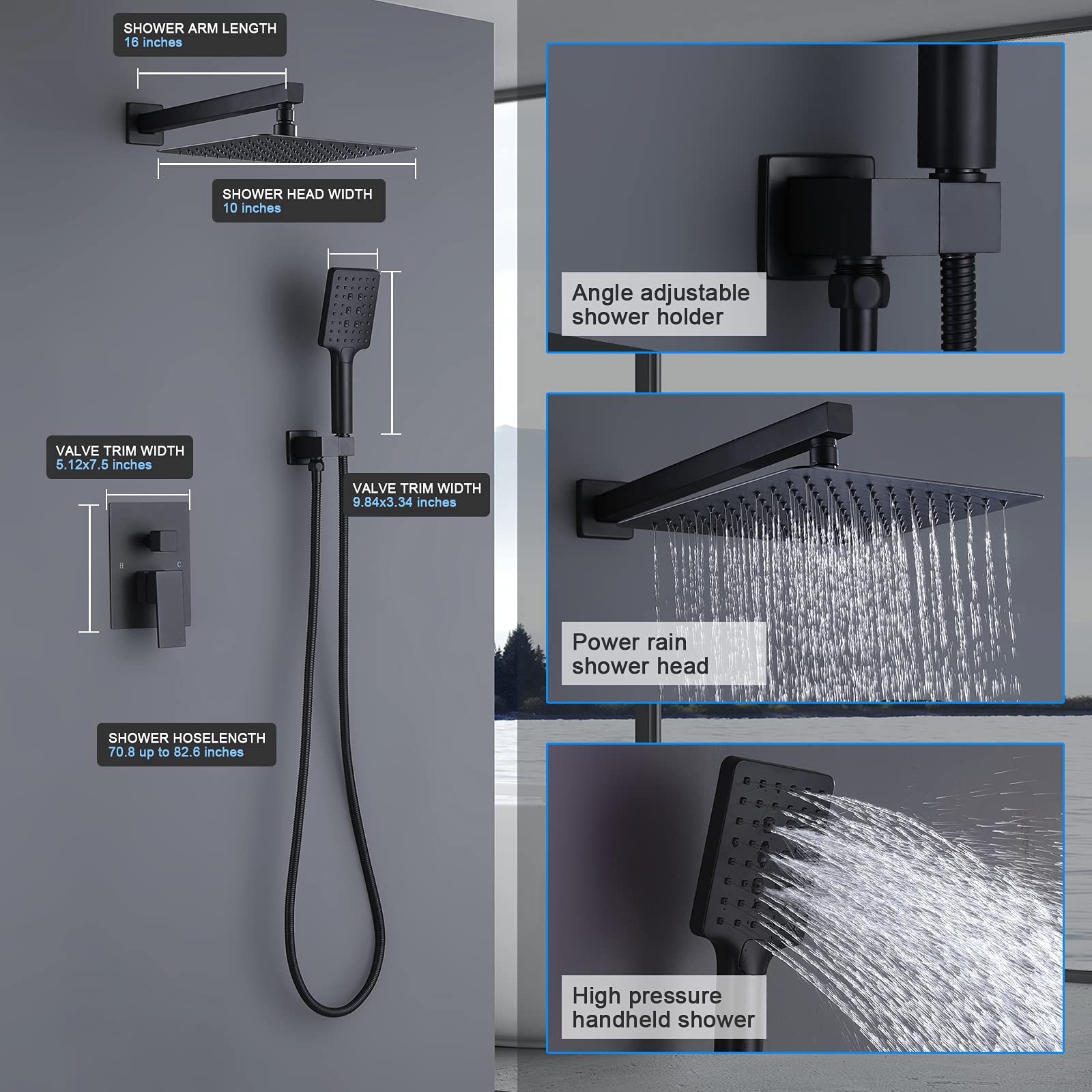 Premium Matte Black Shower System - 10 Inch High Pressure Brass Rain Shower Head with Handheld Spray, Complete Wall Mounted Faucet Set with Rough-in Valve (Perfect for Modern Bathroom Renovations & Spa-Like Shower Experience)