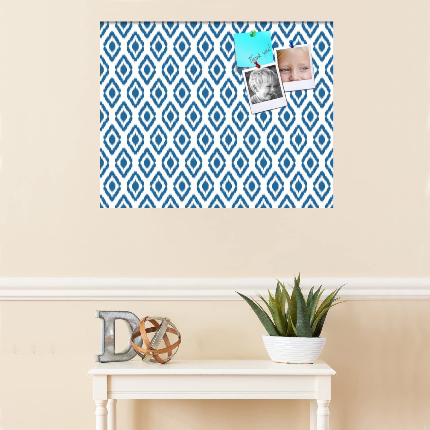 PinPix 30x24 Inch Cork Bulletin Board with Ikat Navy Design & Satin White Frame - Decorative Framed Pin Board for Home Office Decor, School Classroom, Dorm Room Organization & Message Display