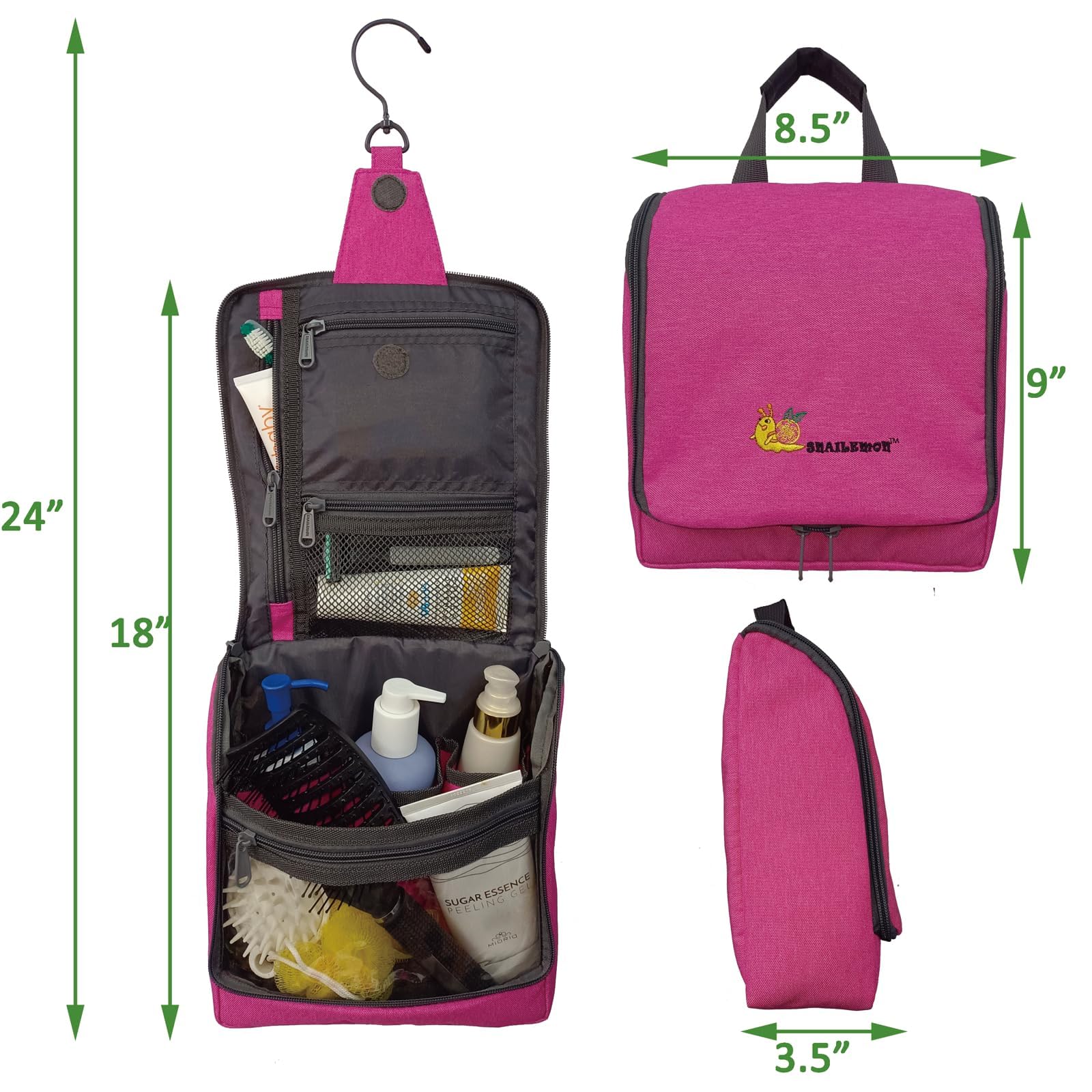 Hanging Travel Toiletry Bag Organizer - Waterproof Cosmetic & Makeup Vanity Pouch for Shampoo, Soap, Loofah | Perfect for Bathroom, Beach Trips, Camping & Gym Essentials (Azalea Pink)