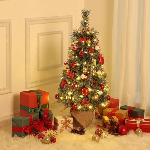 GARVEE 3 Ft Pre-Lit Artificial Christmas Tree with 70 Warm White LED Lights - Battery Operated Tabletop Mini Tree with Timer & Burlap Base - Perfect for Home, Office, and Holiday Decorations