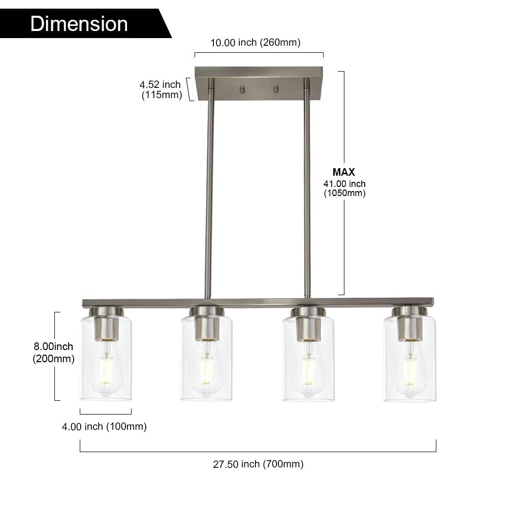 Modern 4-Light Brushed Nickel Kitchen Island Pendant Lighting with Clear Glass Shades - Perfect for Dining Room, Breakfast Nook & Kitchen Countertop Illumination