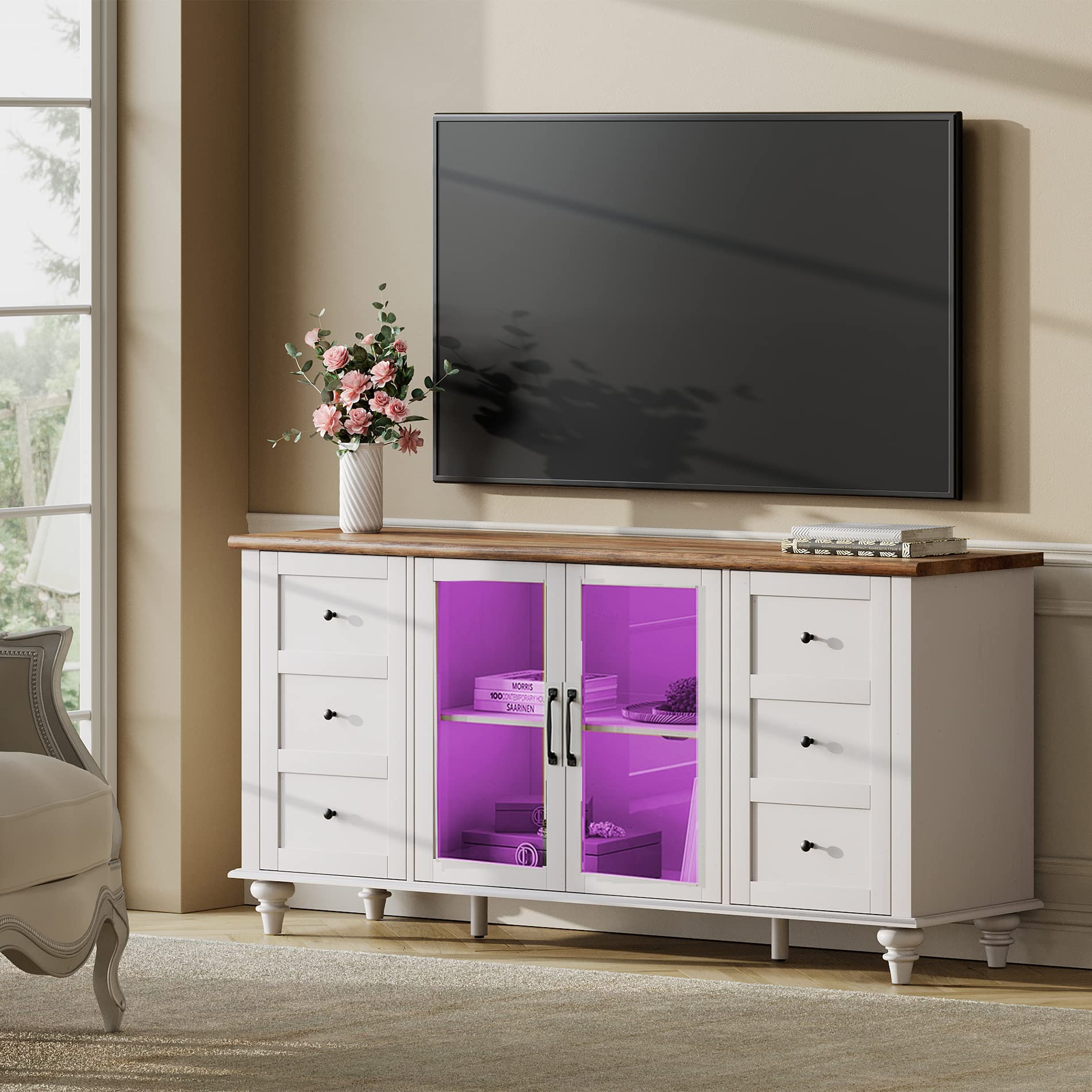 WAMPAT 58 Inch Farmhouse Style LED TV Stand with Storage - Wooden Entertainment Center for 75 Inch TVs - Glass & Wood Media Console Cabinet for Living Room, Bedroom - Perfect for Movie Nights & Family Gatherings