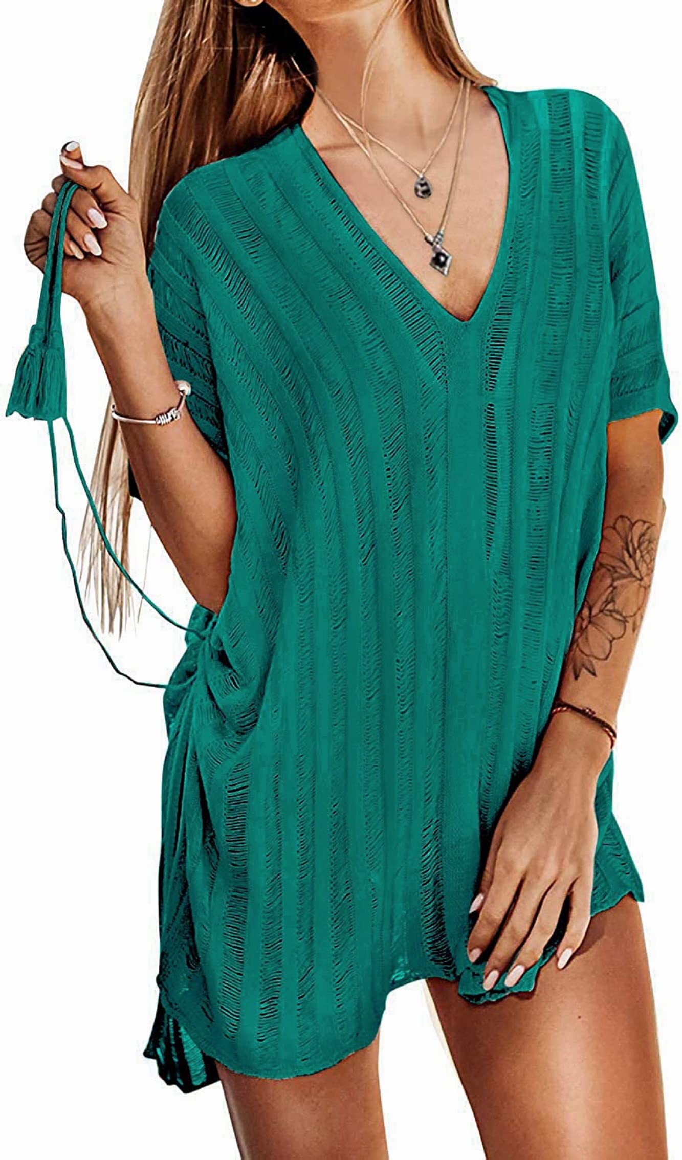 Wander Agio Women's Beach Swimsuit Cover Up - Long Sleeve Bikini Coverup with Net Design for Pool, Vacation & Summer Outfits