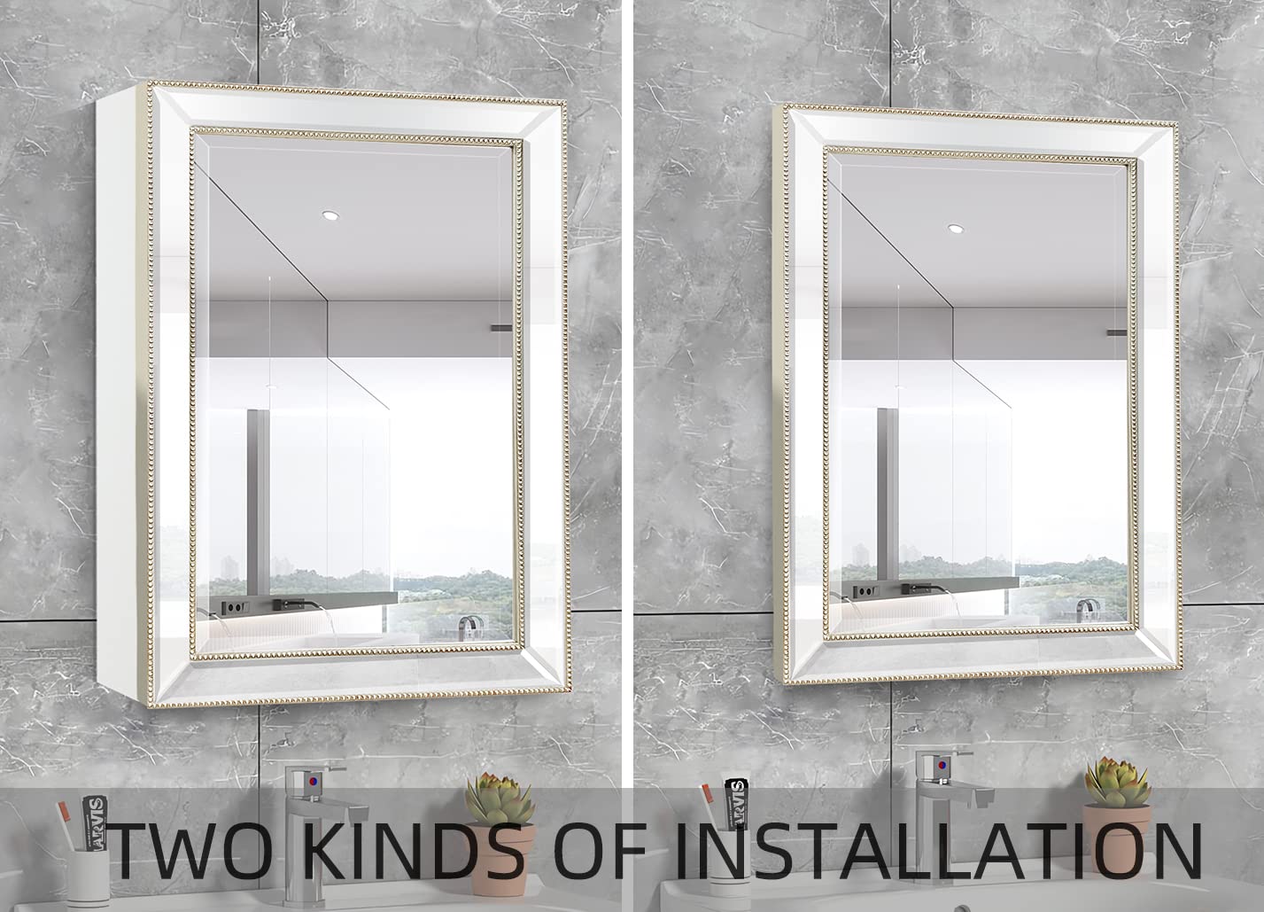 Retro Bevel Edge Medicine Cabinet with Metro Beaded Mirror - 22