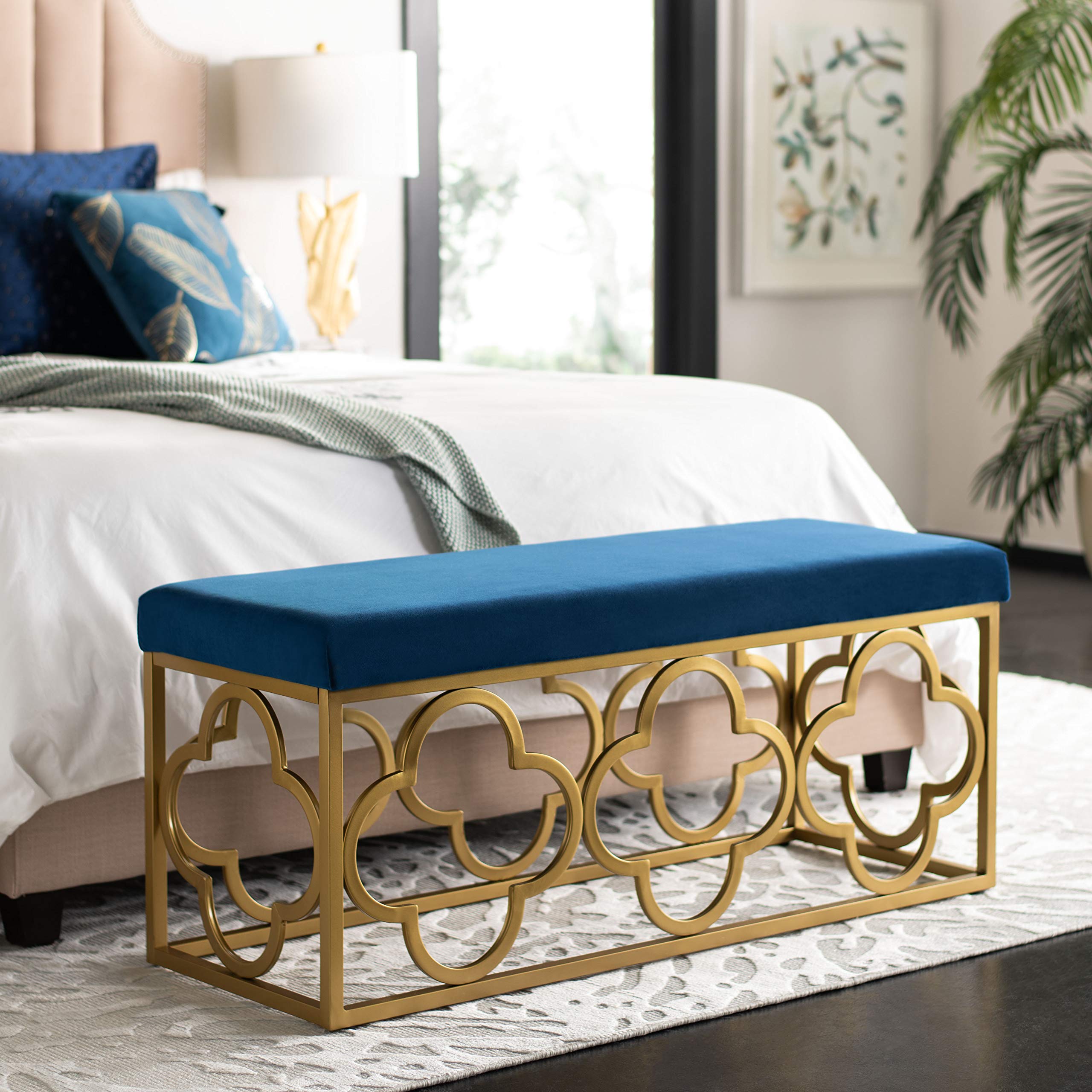 Safavieh Home Fleur 45-inch Navy Blue Velvet Upholstered Bench with Gold Metal Legs - Elegant Entryway, Bedroom or Living Room Seating Furniture