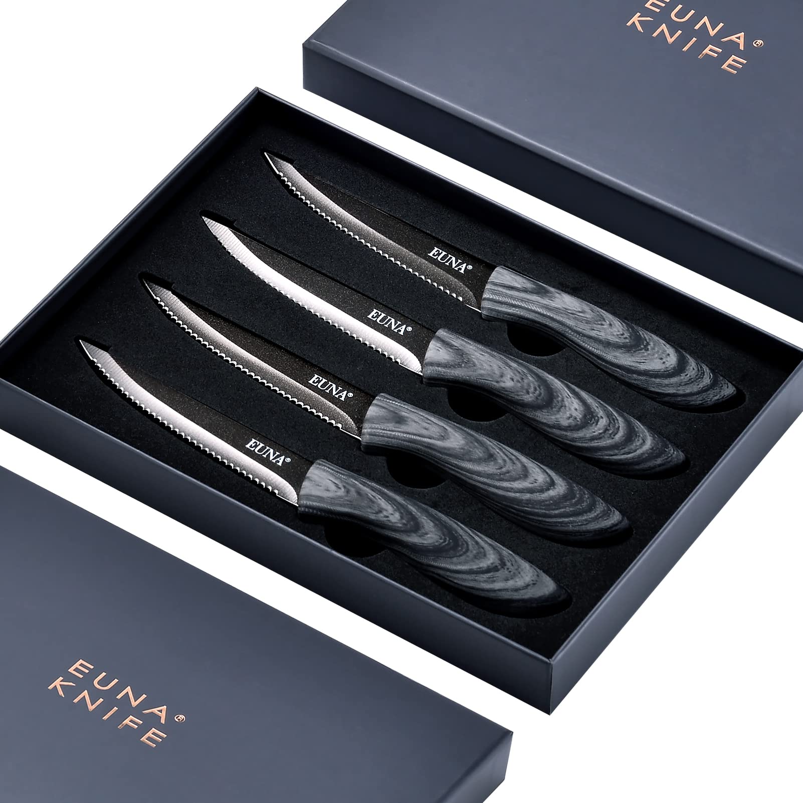 Premium EUNA 4-Piece Serrated Steak Knives Set - Razor Sharp Stainless Steel Meat Cutting Knives with Ergonomic PP Handle & Gift Box - Perfect for Steakhouse Dining, BBQ Parties & Home Kitchen Use - Black