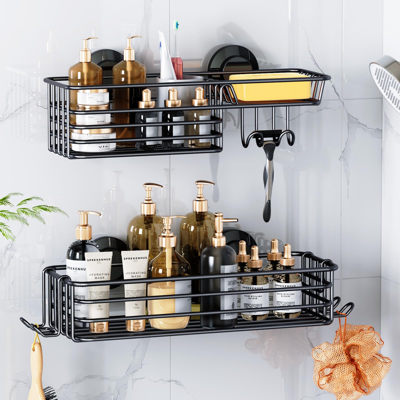 LEVERLOC Shower Caddy Suction Cup - 2 Pack No-Drill Bathroom Organizer with Hooks & Soap Holder, Rustproof Shower Shelf for Bath Essentials - Perfect for Small Bathrooms, Dorm Rooms & Apartment Showers