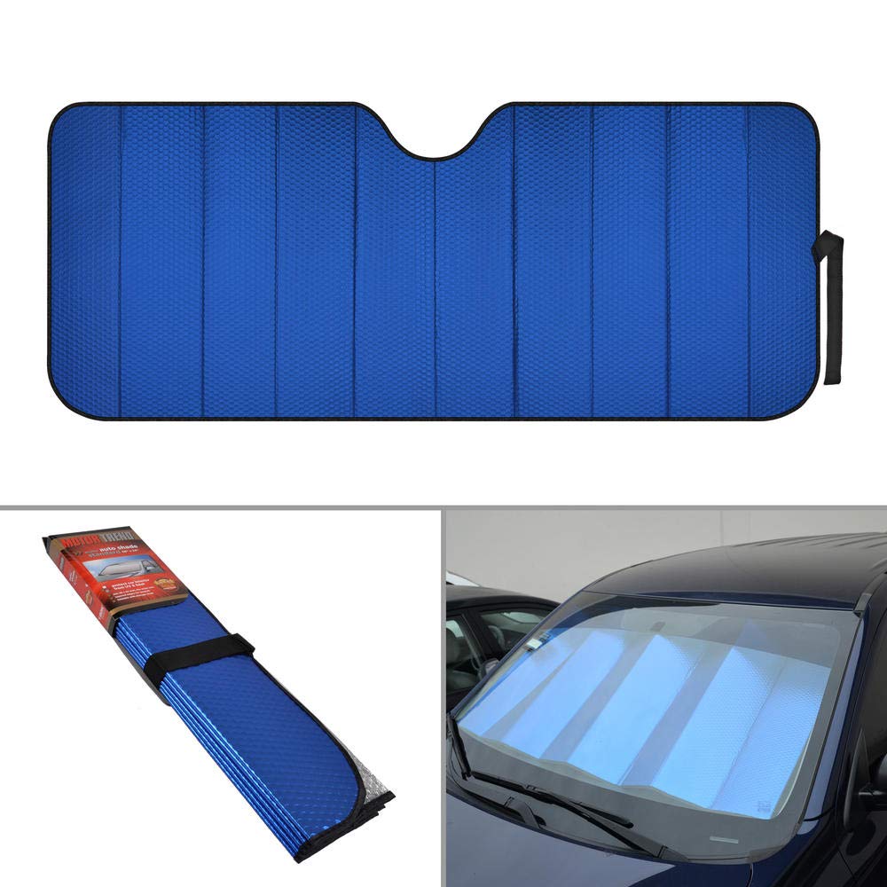 BDK 6-Piece Premium Car Accessory Set - Heavy Duty All-Weather Floor Mats, Windshield Sunshade & Sport Steering Wheel Cover - Perfect Car Gift for Holidays & Special Occasions (Blue) - Ideal for Road Trips, Daily Commute & Vehicle Protection