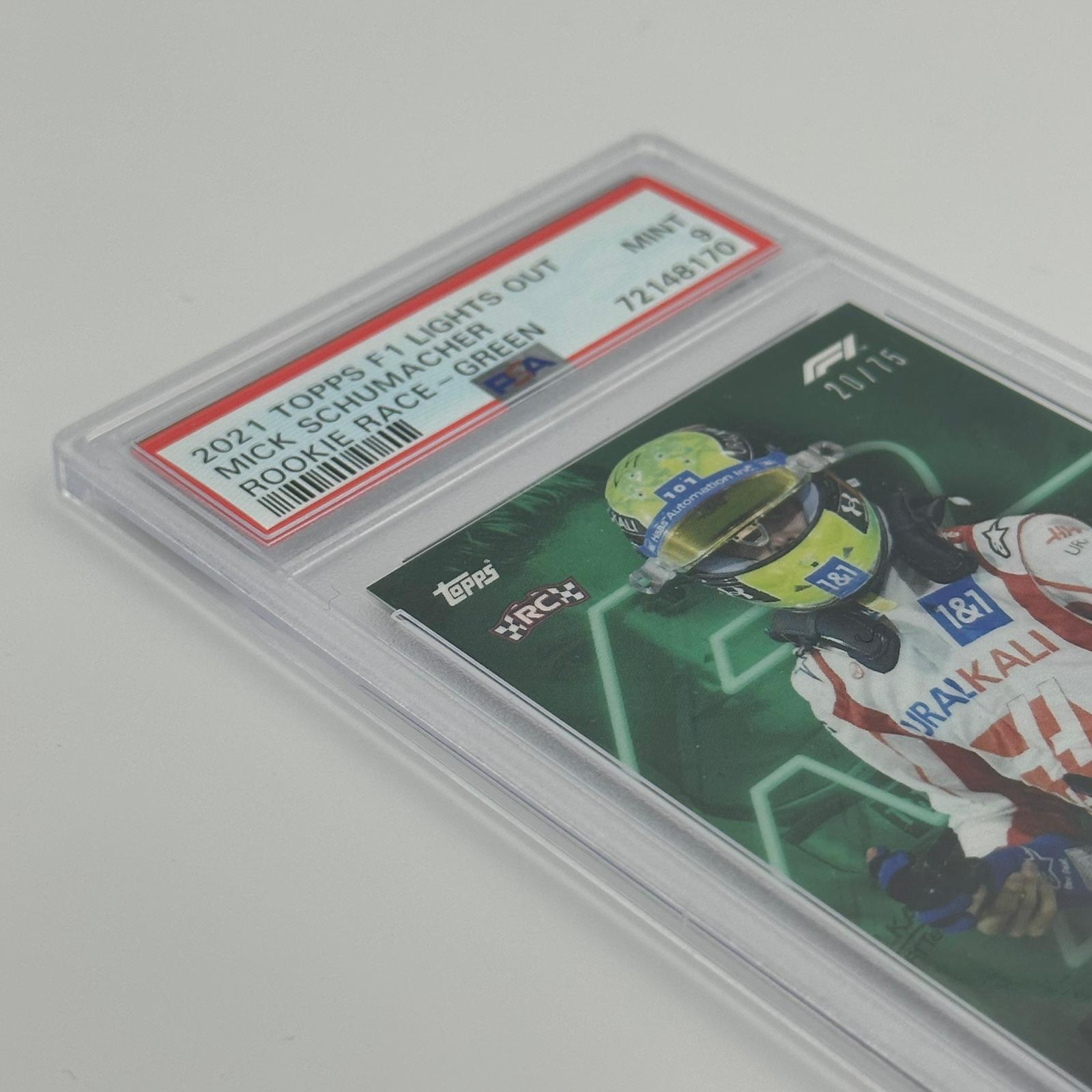 PSA 9 Graded 20/75 Mick Schumacher Rookie Race Green Parallel - Rare Collectible Trading Card for F1 Fans & Sports Memorabilia Collectors