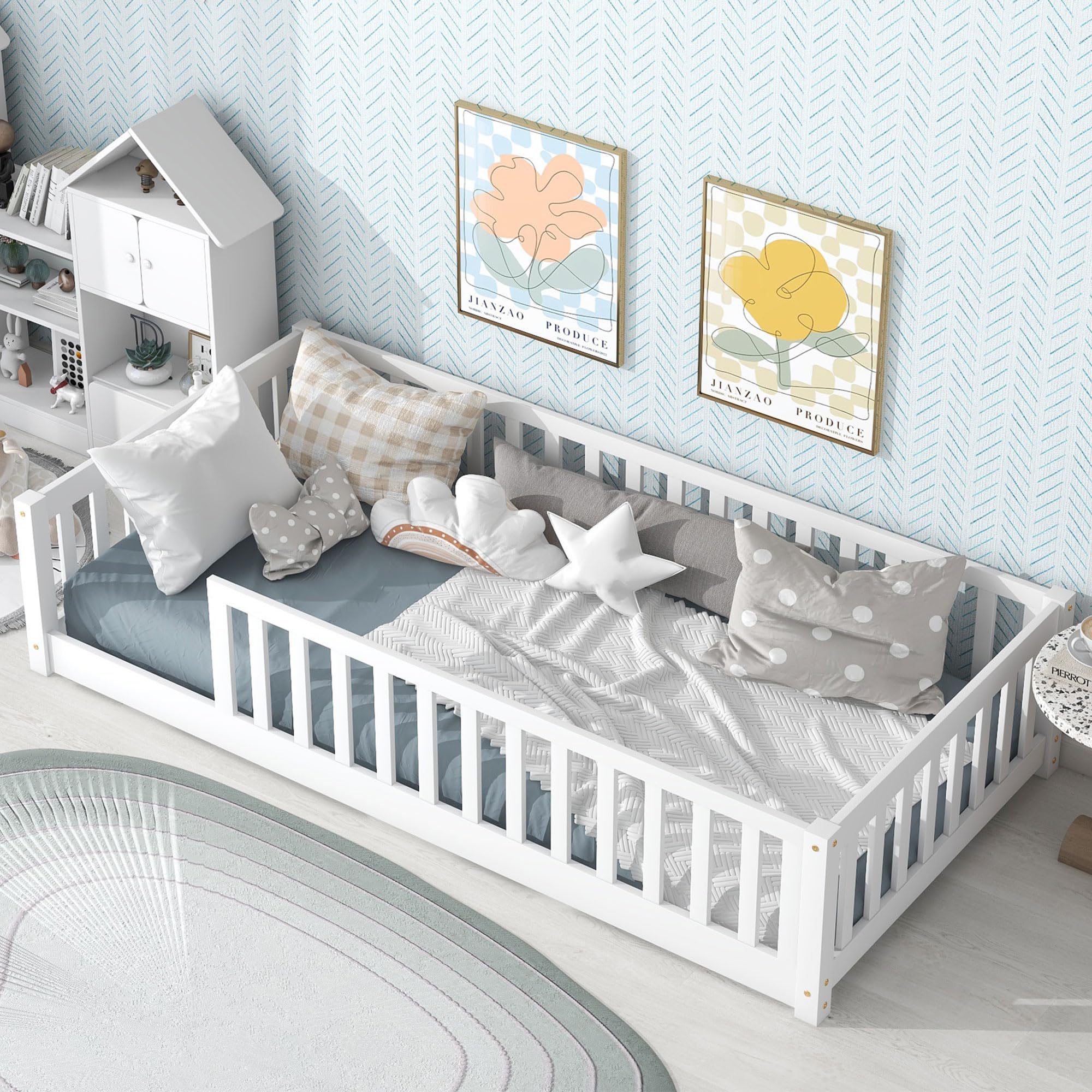 Montessori Twin Size Toddler Floor Bed Frame with Safety Fence & Wood Slats - White Wooden Low Bed for Kids, Girls & Boys - No Box Spring Needed - Perfect for Montessori Rooms, Daycare Centers & Safe Toddler Sleeping Spaces