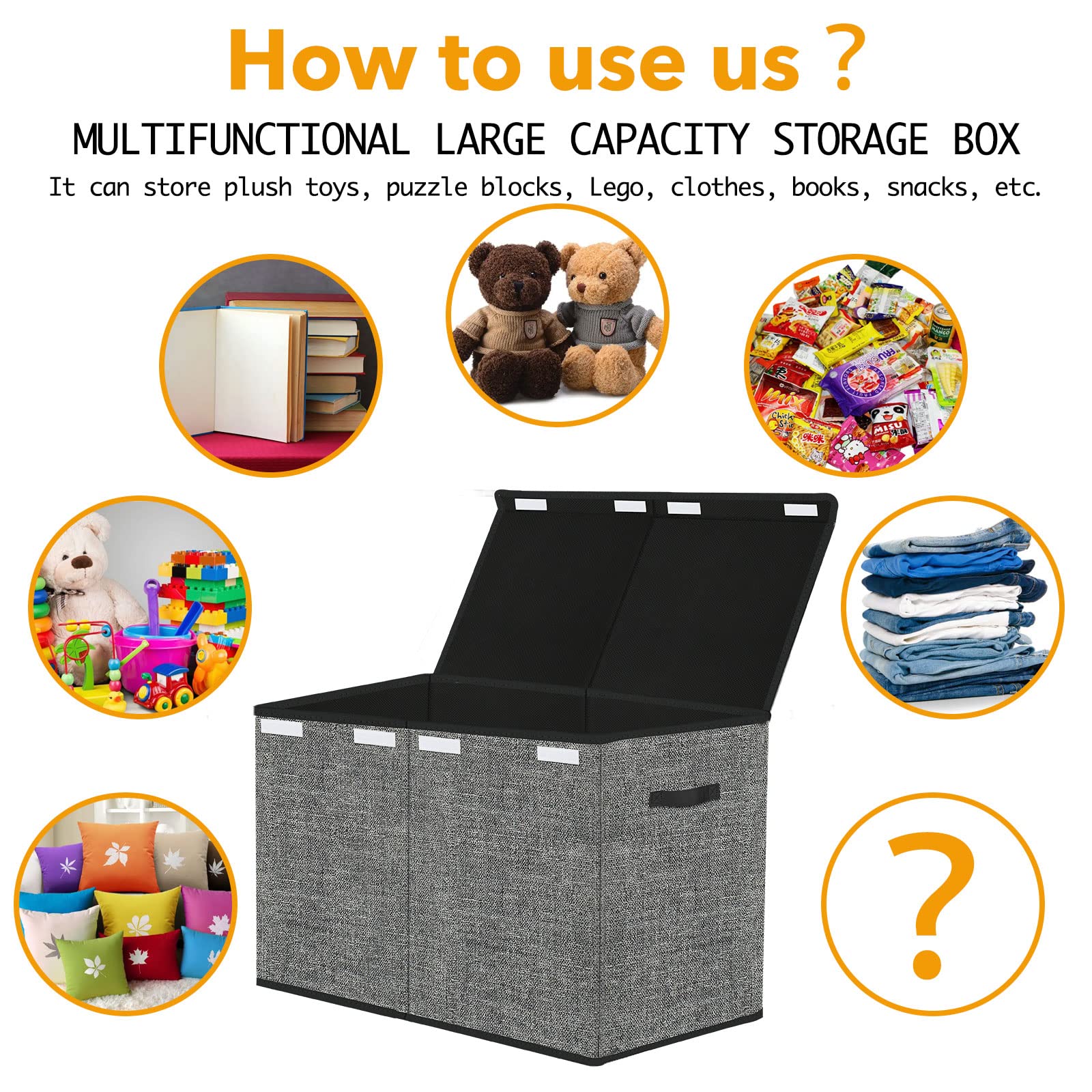 Large Collapsible Toy Storage Box Organizer with Lids & Handles - 24.5x13x16 Inch Kids Toys Container Bin for Living Room, Playroom, Closet - Perfect for Organizing Stuffed Animals, Legos & Playroom Toys (Black)