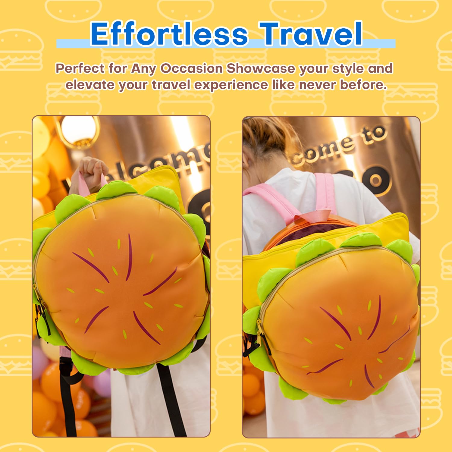 Funny Cheeseburger Backpack - Yellow Universe Hamburger Daypack with Multiple Compartments | Cute Novelty School Bag for Teens, Unique Christmas Gift for Burger Lovers