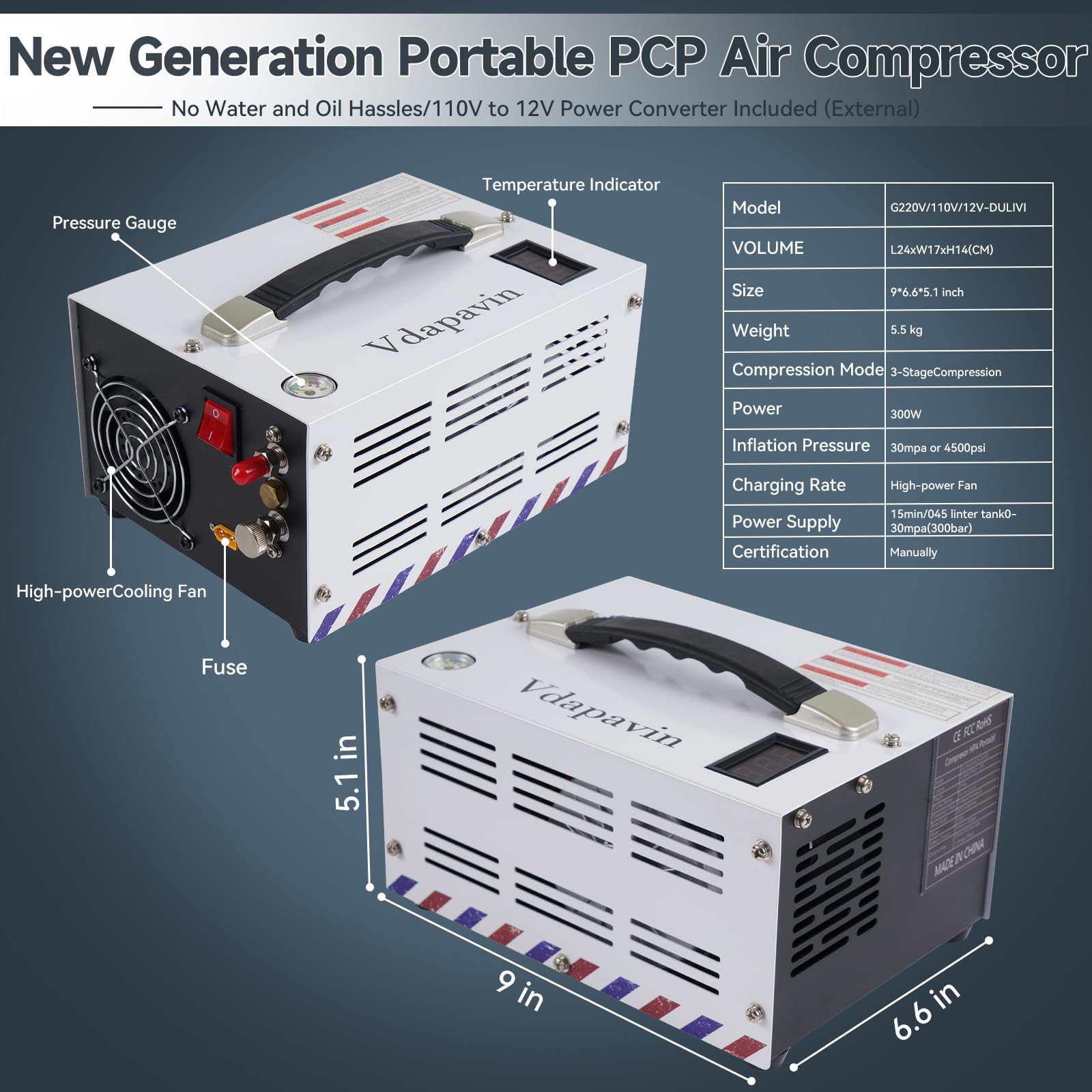 4500Psi 30Mpa Portable PCP Air Compressor - Oil-Free 12V DC/110V AC Airgun Pump for Paintball, Scuba Tanks & Air Rifles | Manual-Stop Design with External Converter | Perfect for Outdoor Shooting, Diving & Hunting